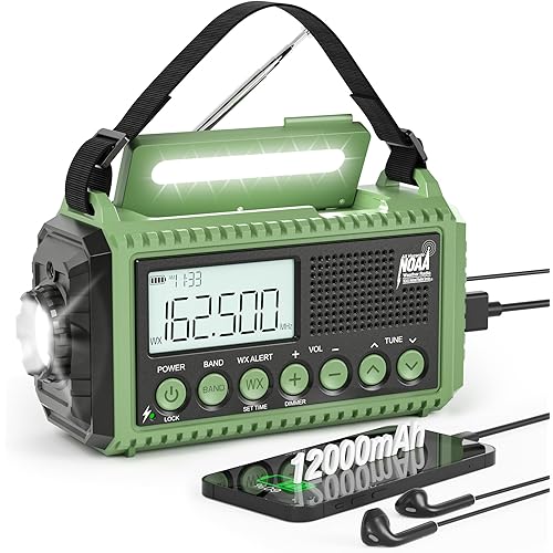 Emergency Radio 12000mAh Auto NOAA Weather Alert -Portable Solar Hand Crank Battery Operated AM/FM Shortwave Radio with Type-c Charger,Flashlight, SOS for Home Outdoor Hurricane Survival
