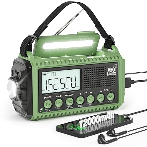 Emergency Radio 12000mAh Auto NOAA Weather Alert Radio -Portable Solar Hand Crank Battery Operated Radio, AM/FM Shortwave Radio with Type-c Charger,Flashlight, SOS for Home Outdoor hurricane Survival - 12000mAh Green with LCD Display