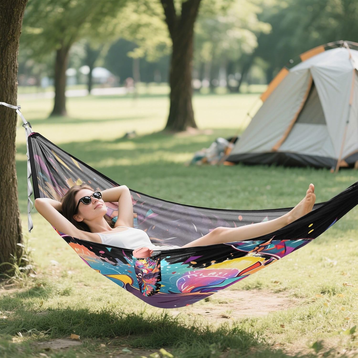 ALAZA Colorful Yak Bull Camping Hammocks Single or 2 Person 500 lbs Portable Parachute Travel Hammock w/Tree Straps for Hiking Backpacking Indoor Outdoor