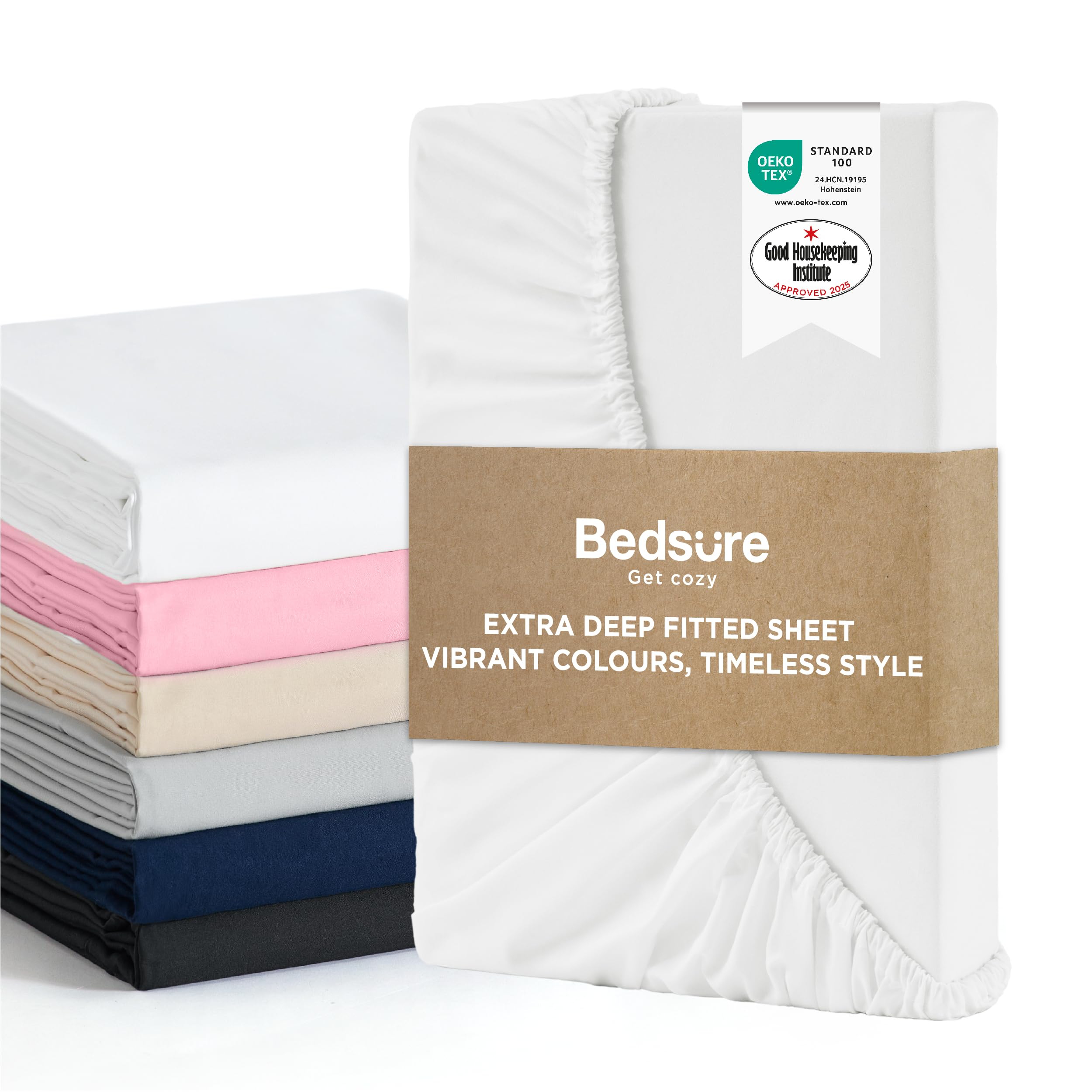 Bedsure King Size Fitted Sheets - Bed Sheets Extra Deep Pocket 16 Inches (40 cm), Soft Brushed Polyester Microfiber Material for King Size Bed, White, 150x200cm