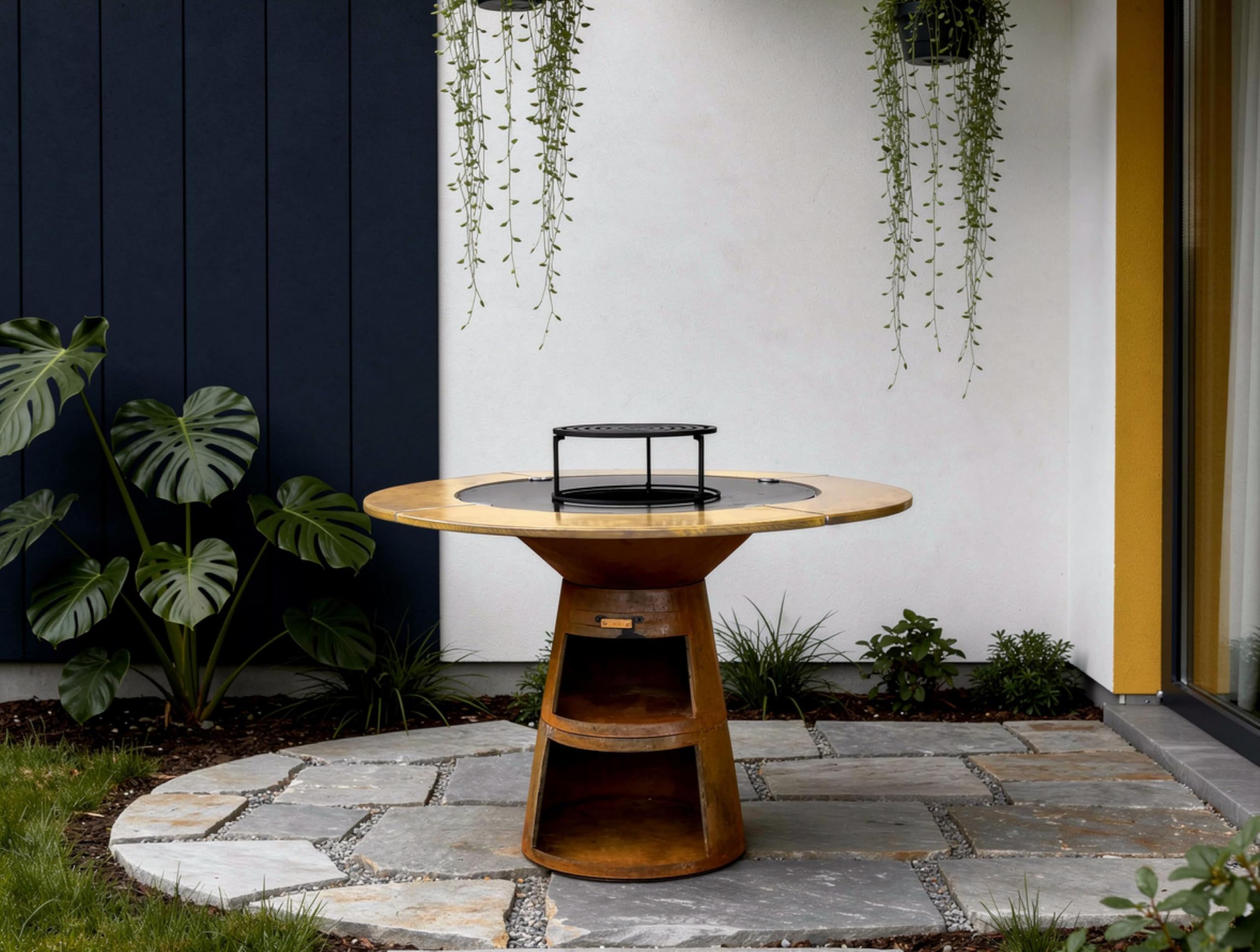 PURLINE | Barbecue rotondo con piastra in acciaio per giardino, terrazzo o patio esterno - Griglia circolare con bordo perimetrale in legno naturale e ampia superficie di cottura (EFP59CO WOOD)