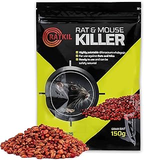 Ratkil Rat & Mouse Killer Poison Grain (6x25g) Rat Poisoning Strongest Maximum Strength - Fast Acting, All-Weather, Whole Wheat Bait Sachets For Rodent Control