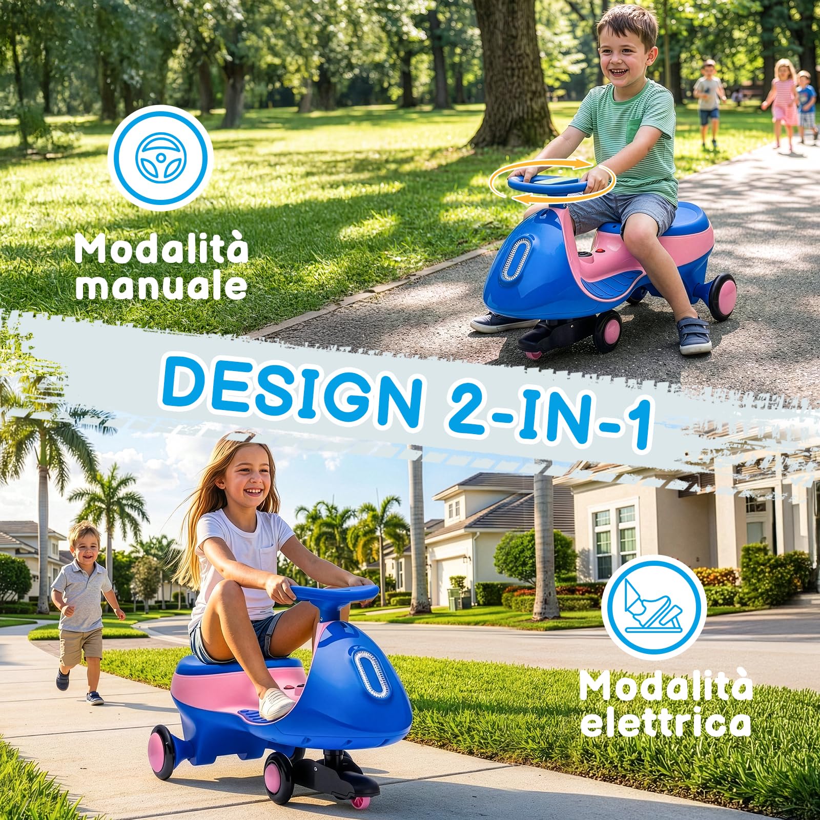 LALAHO Macchina Elettrica Per Bambini 12 V con Pedale, Auto Elettrica con 2 Velocità, Luci LED, Bluetooth, Protezione Antiribaltamento, 3 Anni in su (Blu-rosa)