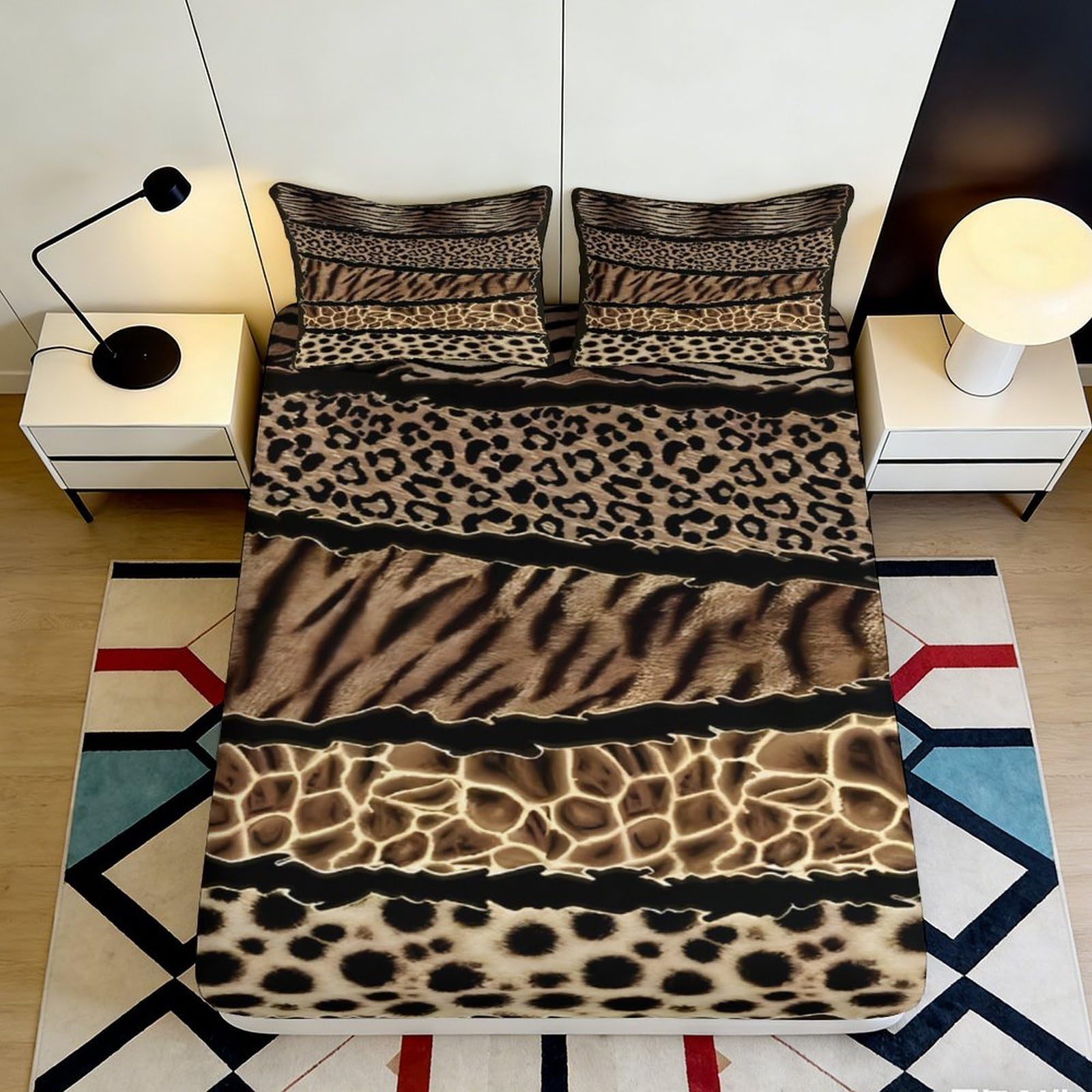 3D Printed Animal Print Fitted Sheet Microfiber Soft Durable Leopard Pattern Bed Cover for Bedroom Dormitory Guest Room Mattress Protection 160x200x25cm
