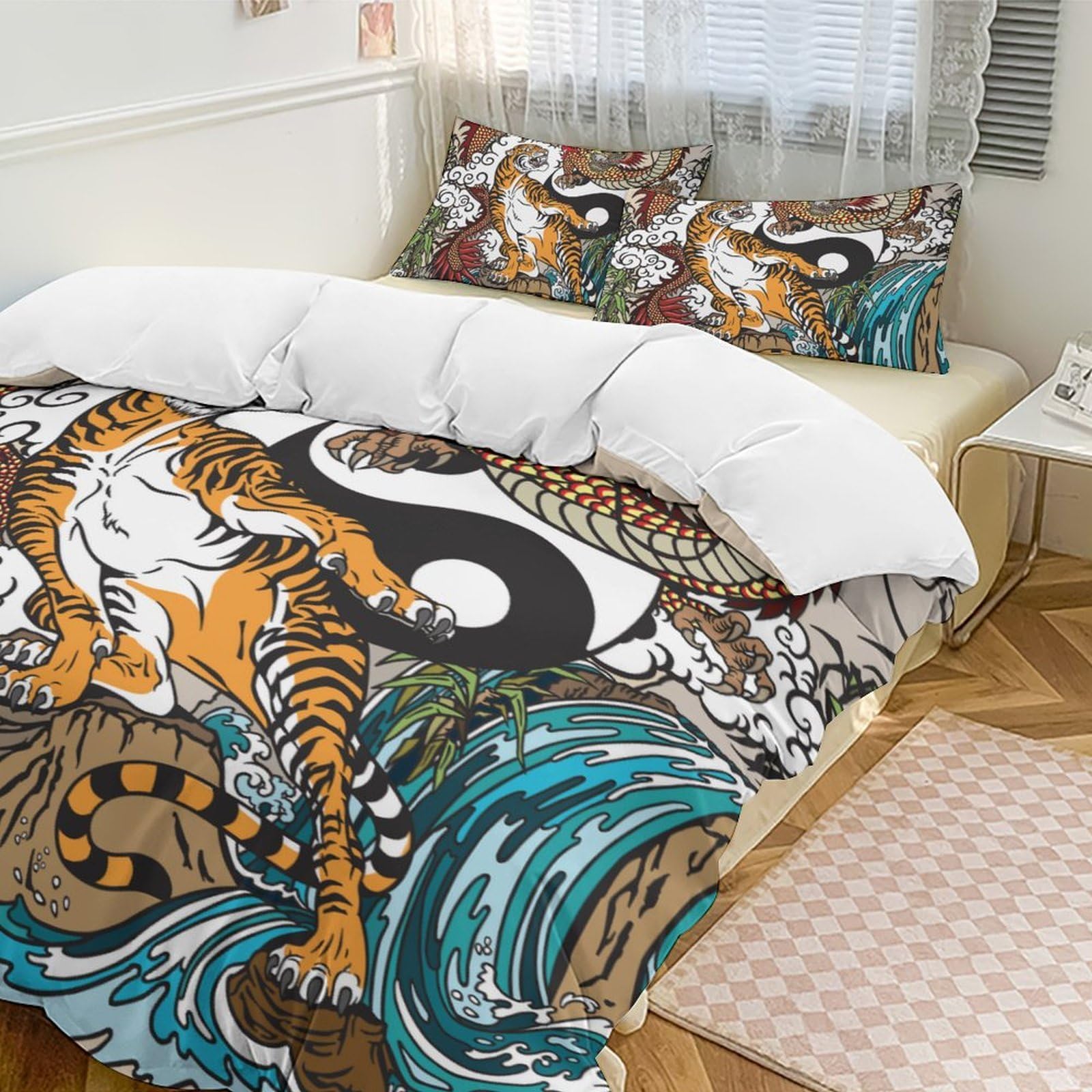 Okjnfsaqwex Style Ying-And-Yang Chinese Dragon And Tiger Duvet Cover Sets 1 With 2 Pillow Shams 3 Pieces Comforter Bedding Set