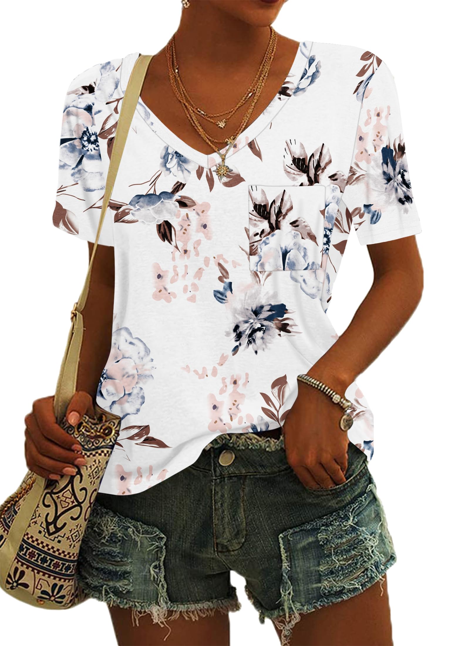 MOLERANI Damen T-Shirts Kurzarm V-Ausschnitt Lose Sommer T-Shirts Basic Tunika Tops mit Tasche