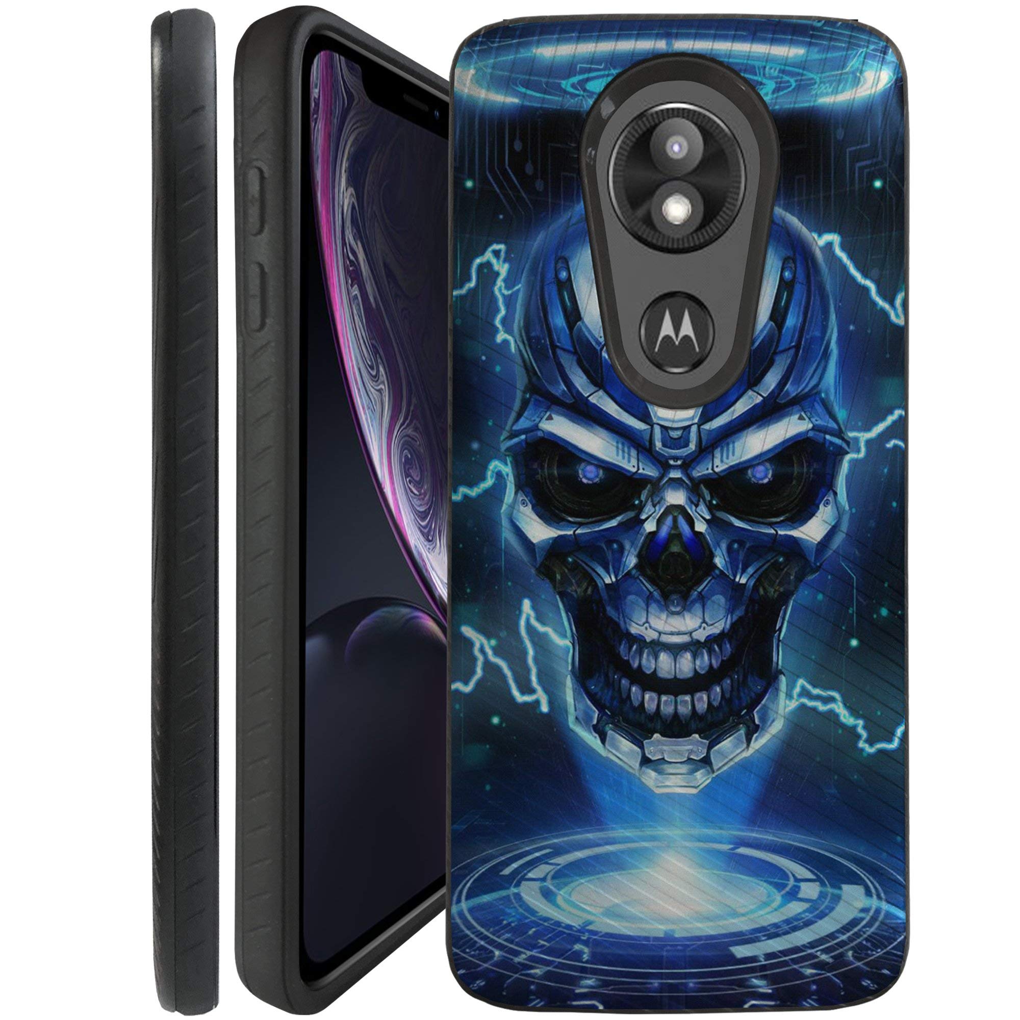 CasesOnDeck Case for Motorola Moto E5 Plus/Moto E5 Supra - Slim Fitted Hybrid Fusion Embossed Dual Layer Cover (Blue Future Skull)