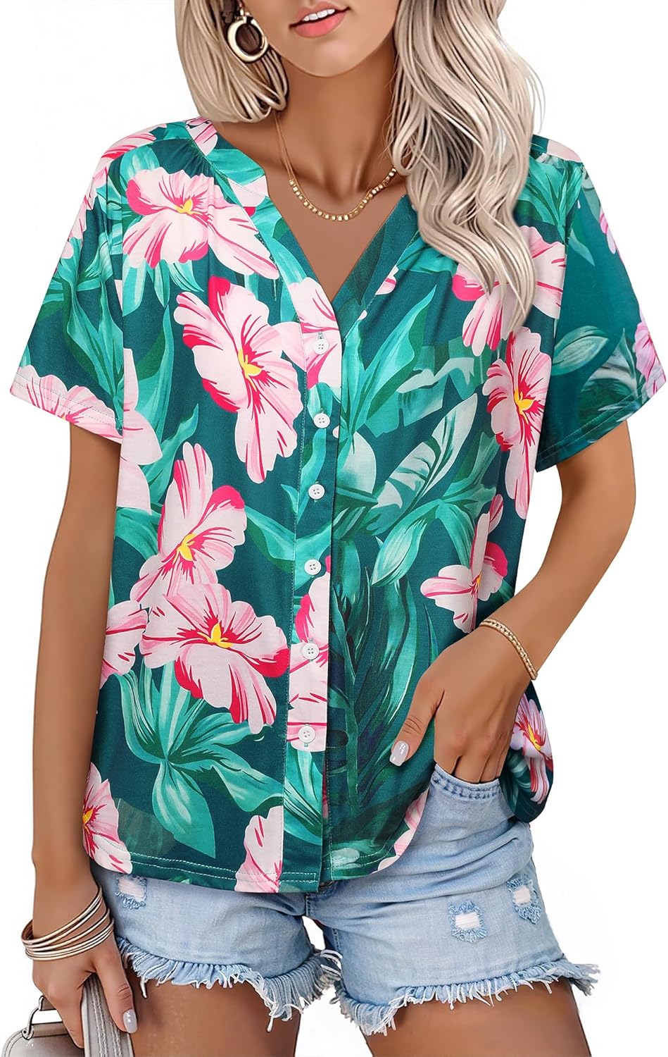 Womens Hawaiian Shirts V Neck Short Sleeve Button Floral Printed T-Shirt Summer Casual Pleated Trendy Blouses Tops