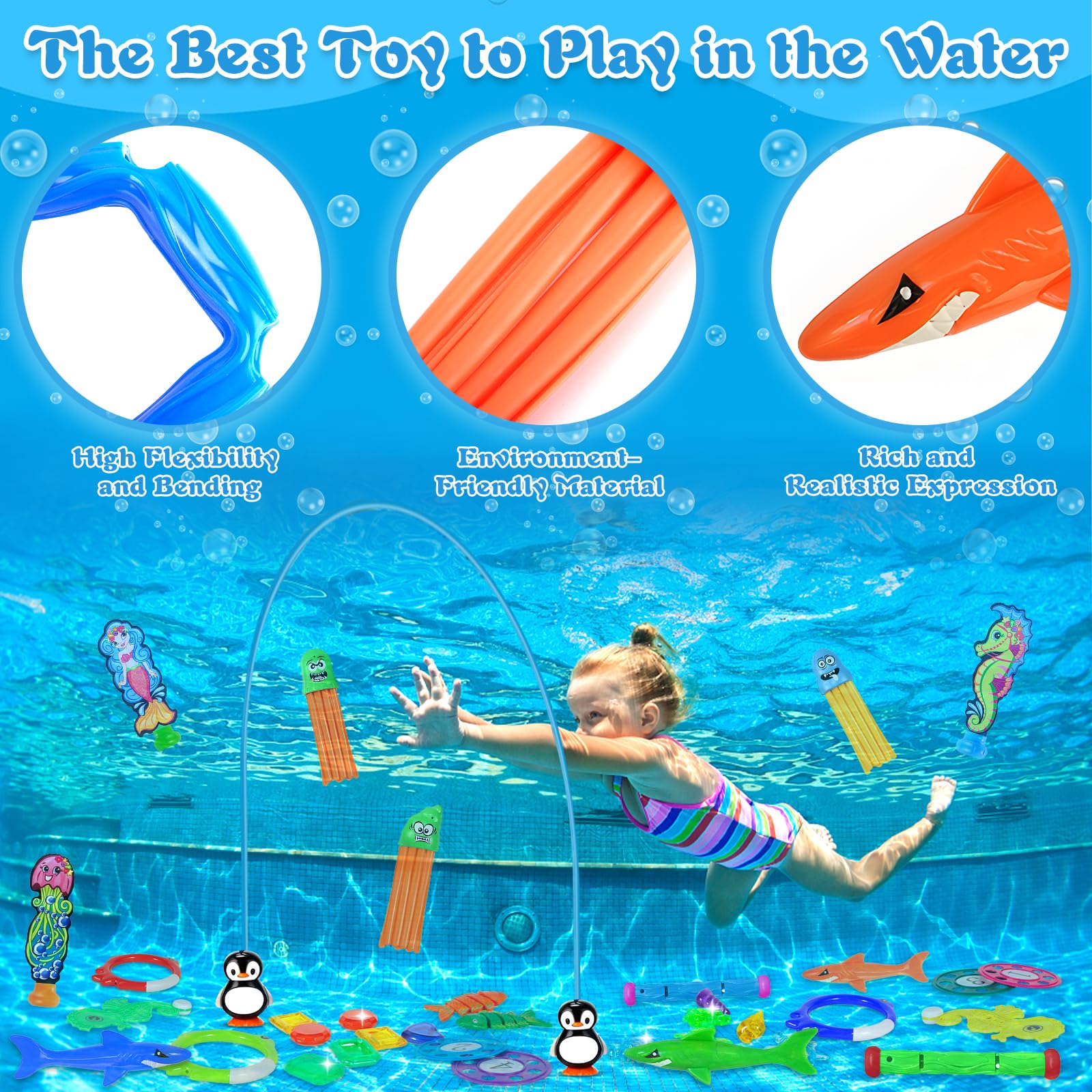 ZLPBAO 45 Pièces Jouet de Plongée Piscine, Jeux Piscine Enfant Jeu Exterieur Enfant Cadeau Garçon Fille 3-12 Ans, Anneaux de Plongée,Torpedo Bandits avec Un Sac, Enfants L'entraînement sous-Ma