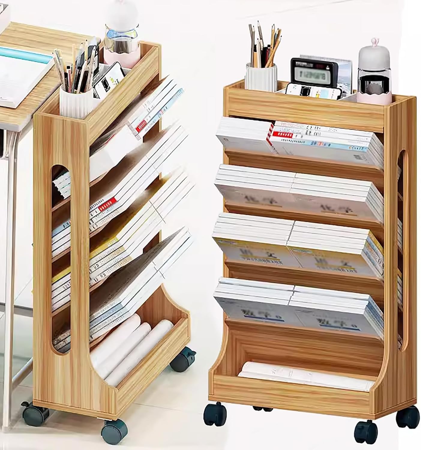 Book cartMobile Bookshelf on Wheels Wood Rolling Utility cart Wagon Rolling File cart for Office, Dorm, Classroom,Library, Living Room,A