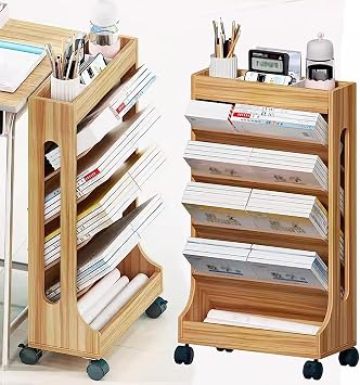 Mobile Bookshelf on Wheels Wood Rolling Utility cart Wagon Rolling File cart for Office, Dorm, Classroom,Library, Living Room,A