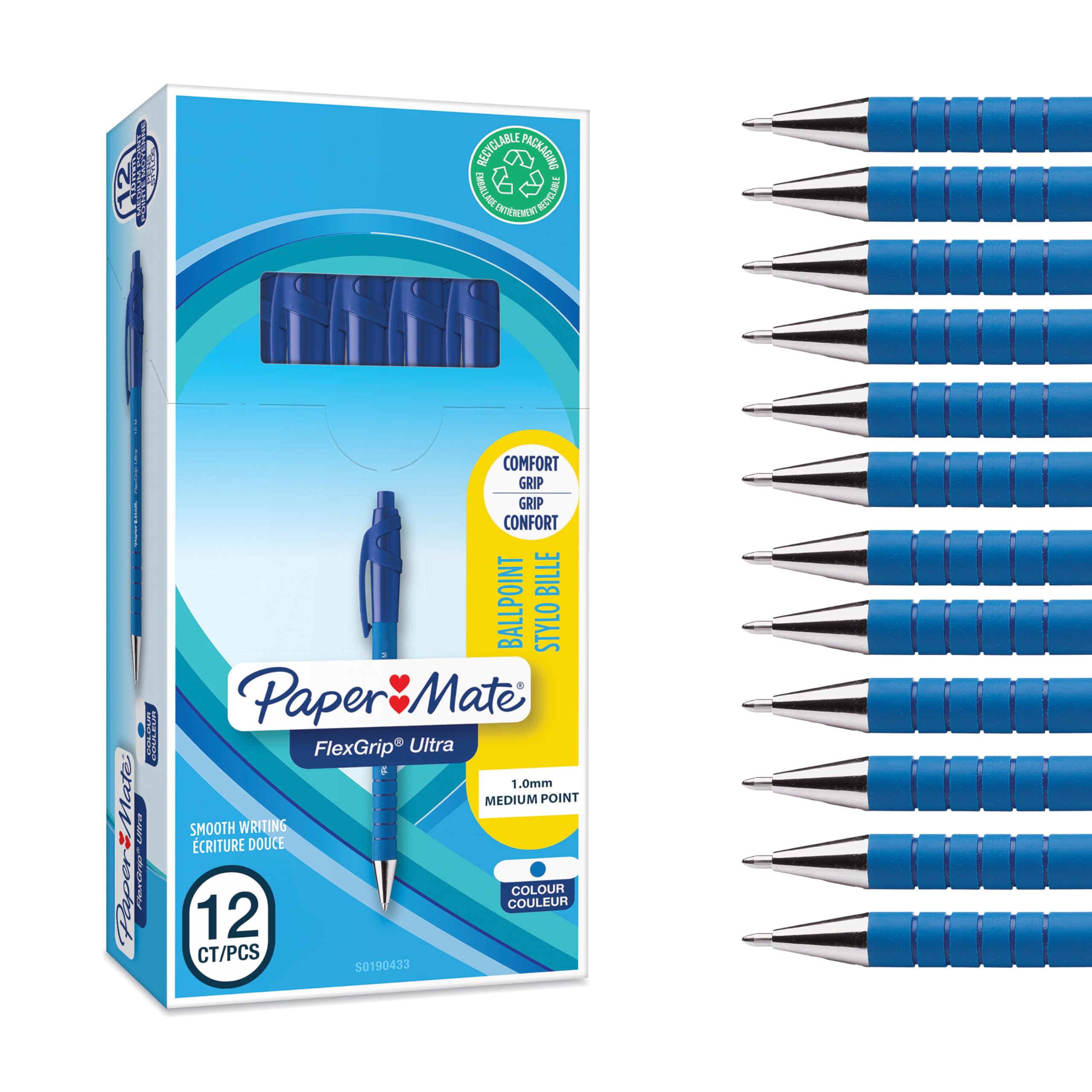 Paper Mate Flexgrip Ultra Retractable Ballpoint Pens | Medium Point (1.0mm) | Blue | 12 Count