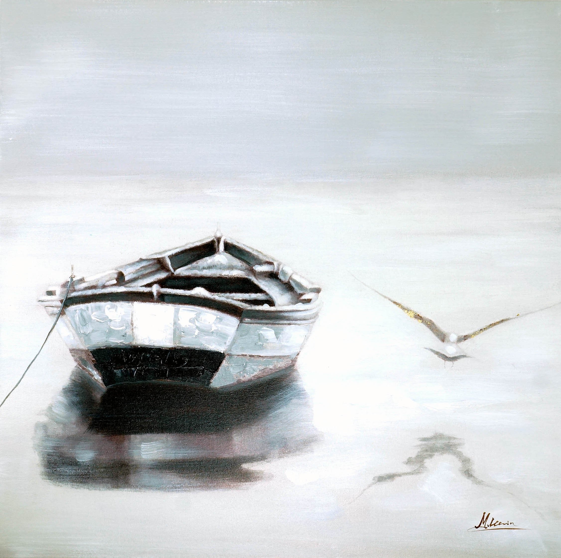Tableau marin évocateur petit bateau et mouette souvenir de mer