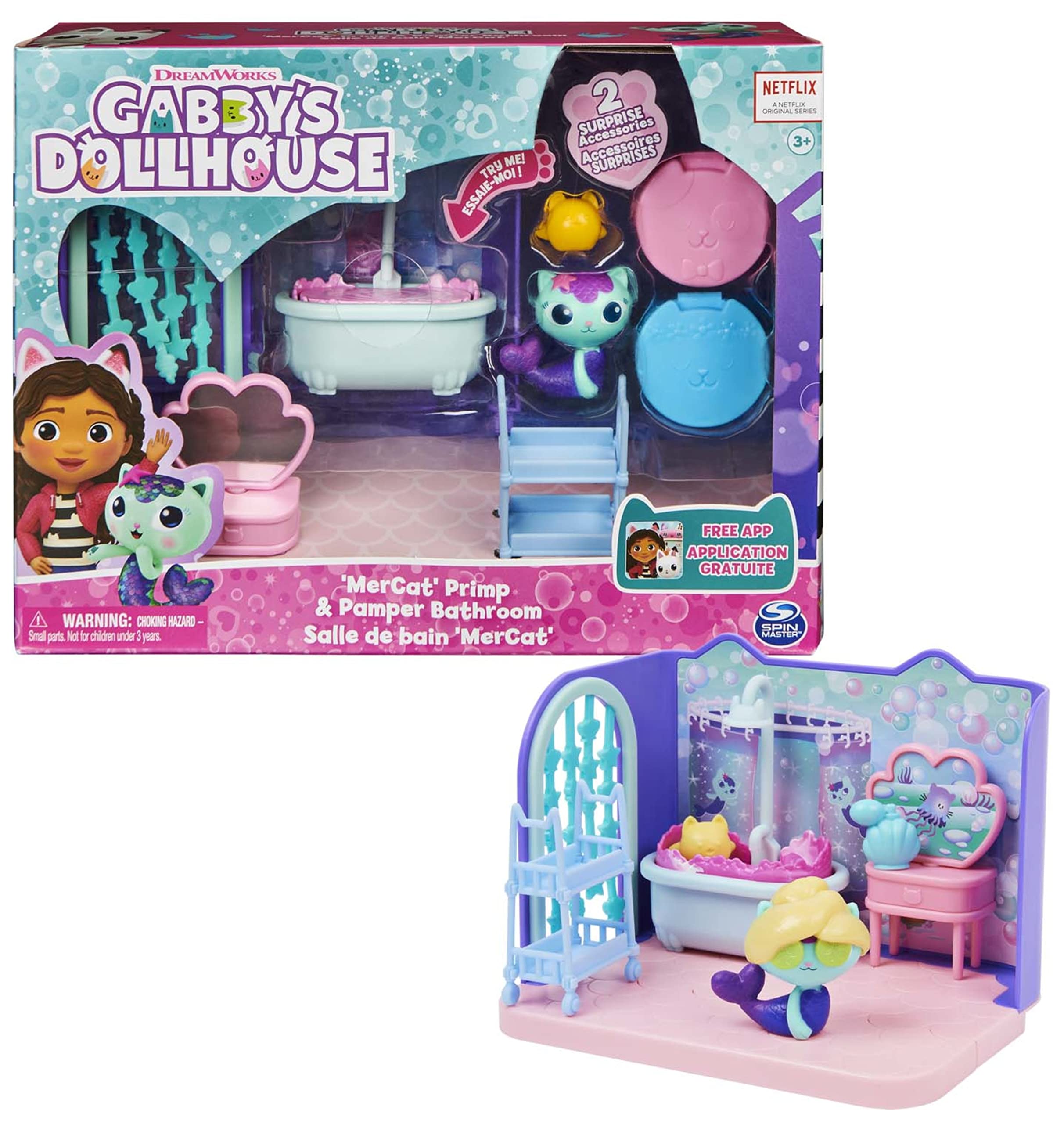 Gabby's Dollhouse, Primp and Pamper Bathroom with MerCat Figure, 3 Accessories, 3 Furniture Pieces and 2 Deliveries, Kids' Toys for Ages 3 and above Multicolor/Assorted