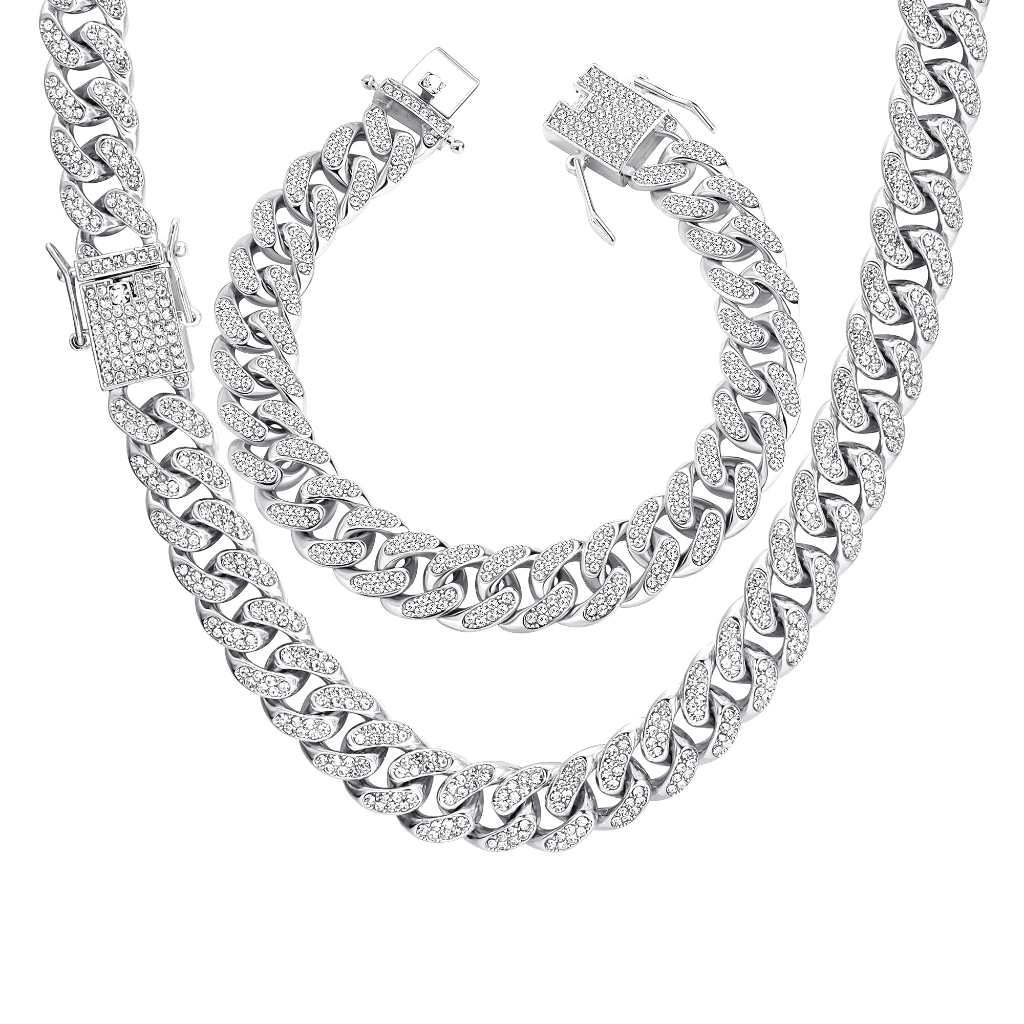 YADAOC Men's Cuban Diamond Necklace Bracelet Chain with Rhinestones for Men and Boys Women Hip Hop Rock and Roll Rapper Electronic Music Streetwear Gold Silver