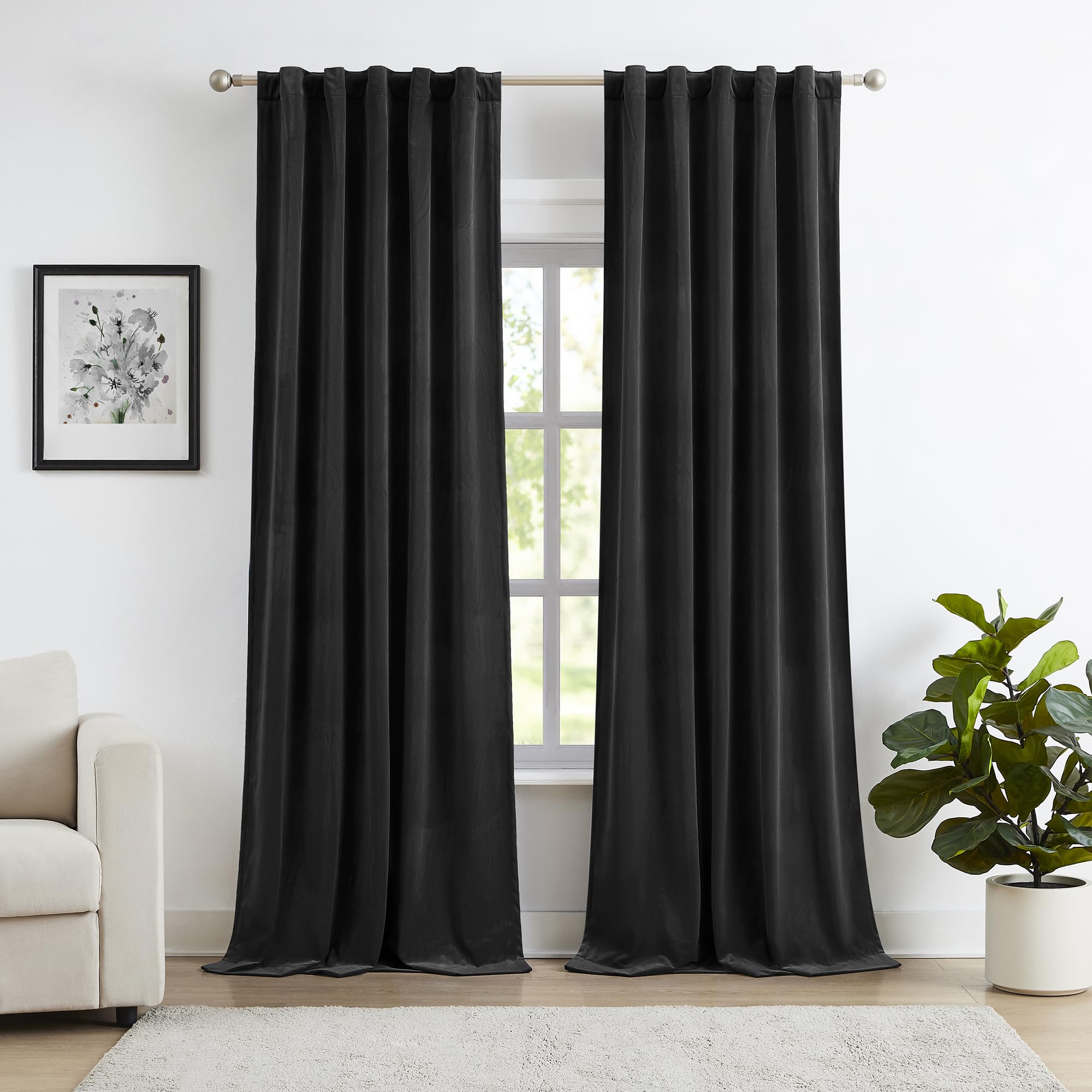Treatmentex Schwarze Samtvorhänge für Schlafzimmer, Zuhause, Büro, Fenster, 213,4 cm lang, dekorative Raumverdunkelungsvorhänge für Studio, Schlaufen hinten und Stangentasche, 106,7 cm B x 2 Paneele