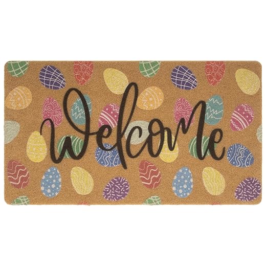 Easter Coir Doormat Spring Welcome Mat - Colorful Easter Eggs Front Door Mat Indoor Outdoor Entrance Decor 17 X 29 Inch