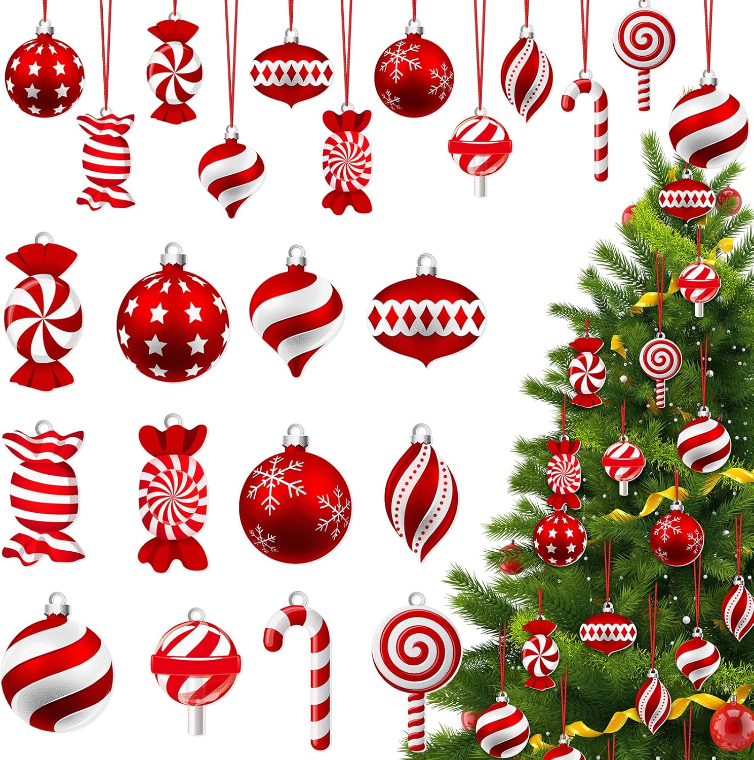 36 Pcs Christmas Candy Hanging Ornaments Wood Christmas Ornament Peppermint Lollipop Candy Cane Decorations Red White Tree Ornaments with Rope for Xmas Tree DIY Craft Party Favors Vivid