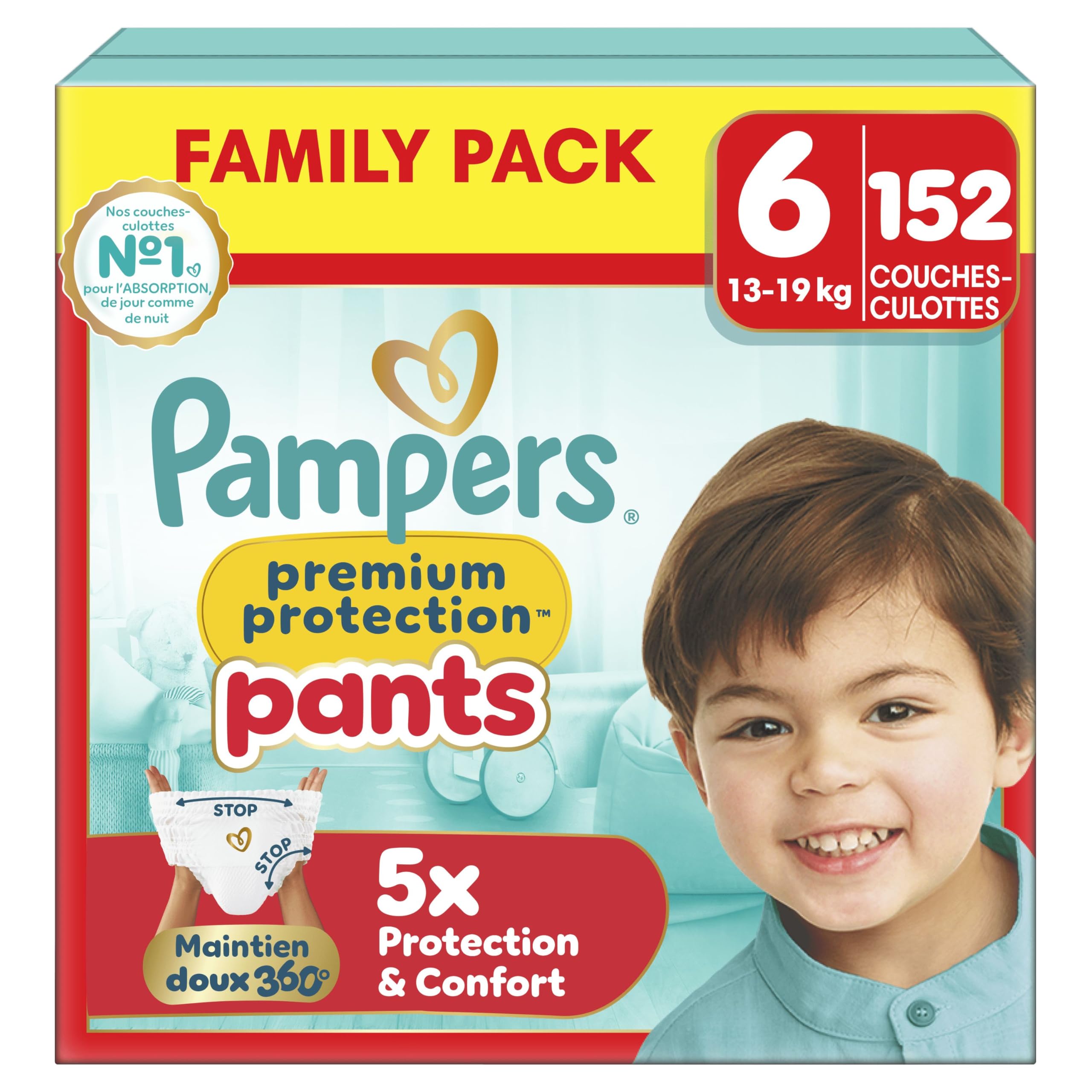 Pampers Premium Protection Pants Taille 6, 152 Couches-Culottes, 13kg-19kg, Maintien 360° et barrières anti-fuites douces pour un confort et une protection optimale, Family Pack - 1