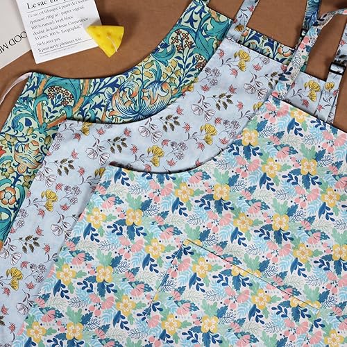 Miniatura 8 de Paquete de 3 delantales florales impermeables para mujer, correa ajustable con bolsillo, multiusos para cocina, arte, jardín