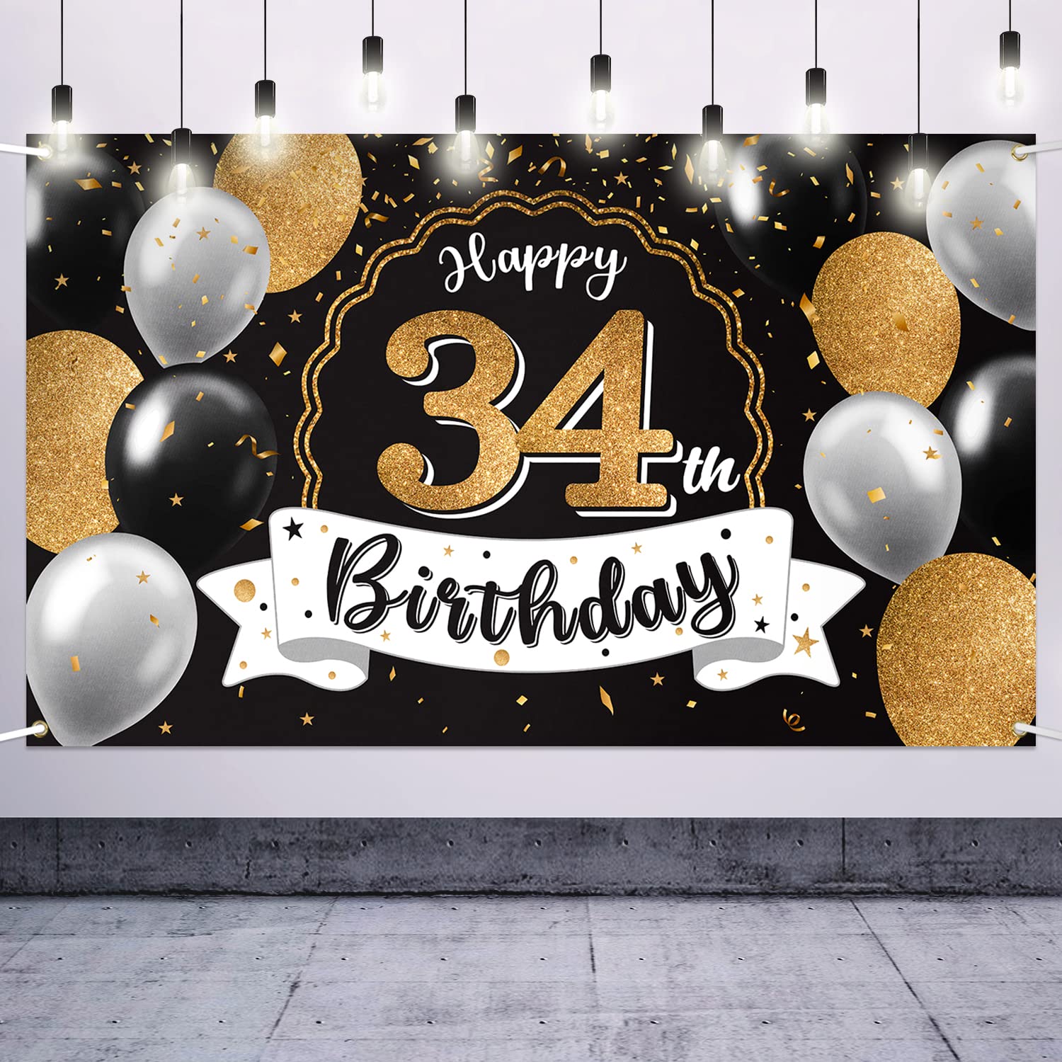 Nelbiirth Happy 34th Birthday Decorations,34th Black & Gold Balloon Large Birthday Banner Backdrop Sign - Cheers to 34 Years Old Bday Party Decoration.