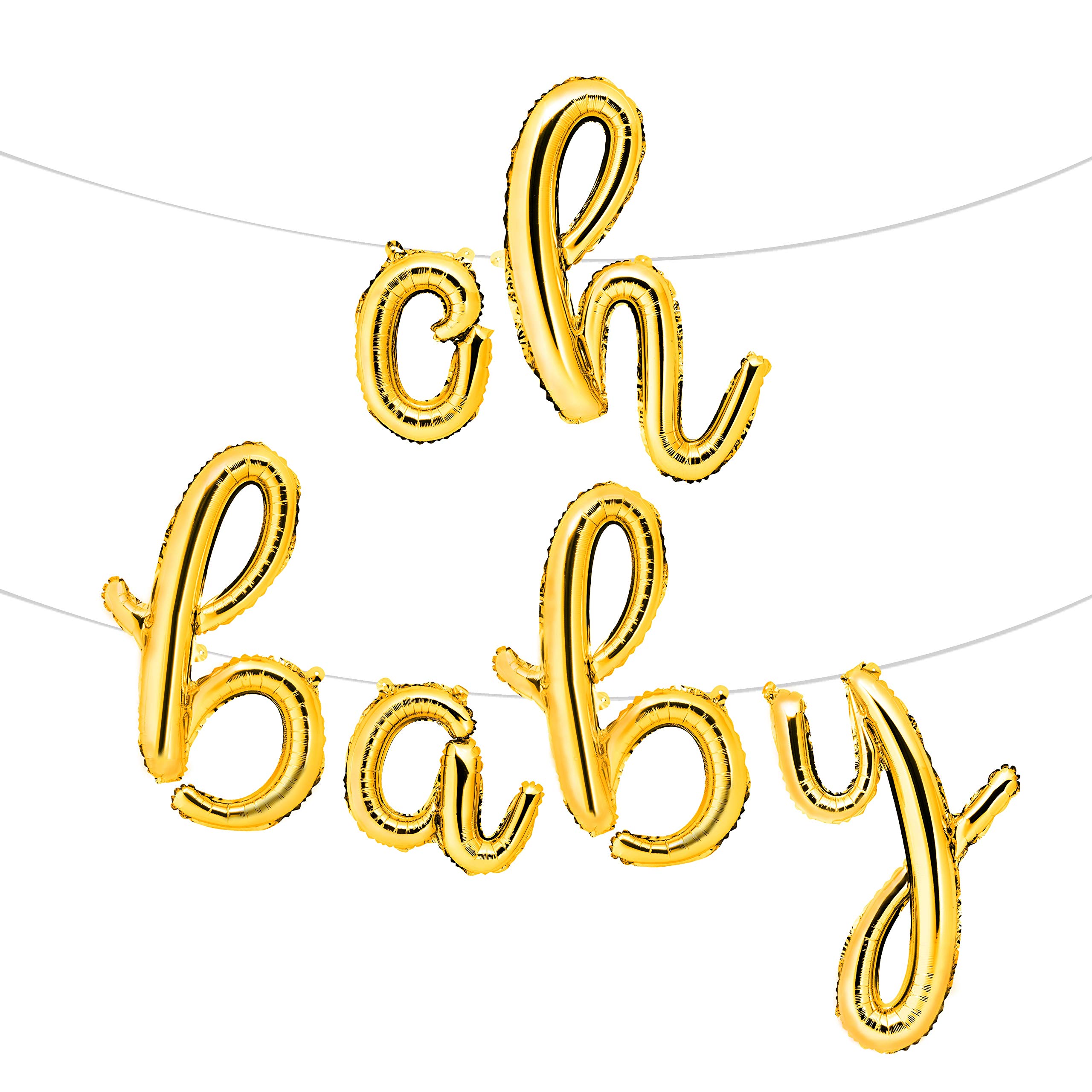 envizins16" Gold OH Baby Script Foil Balloons, for Baby Shower Decorations, Girl Gender Reveal, Straw and 32' Roll Ribbon Included