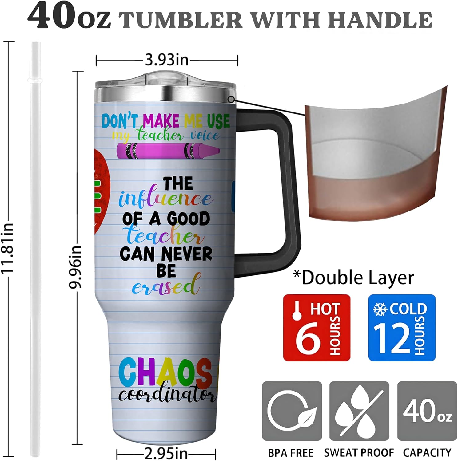 40 Oz Teacher Tumbler With Handle and Straw, Double Wall Coffee Travel Mug Leak Proof, Stainless Steel Cup, Reusable Insulated Water Bottle Gifts for Women - Image 3