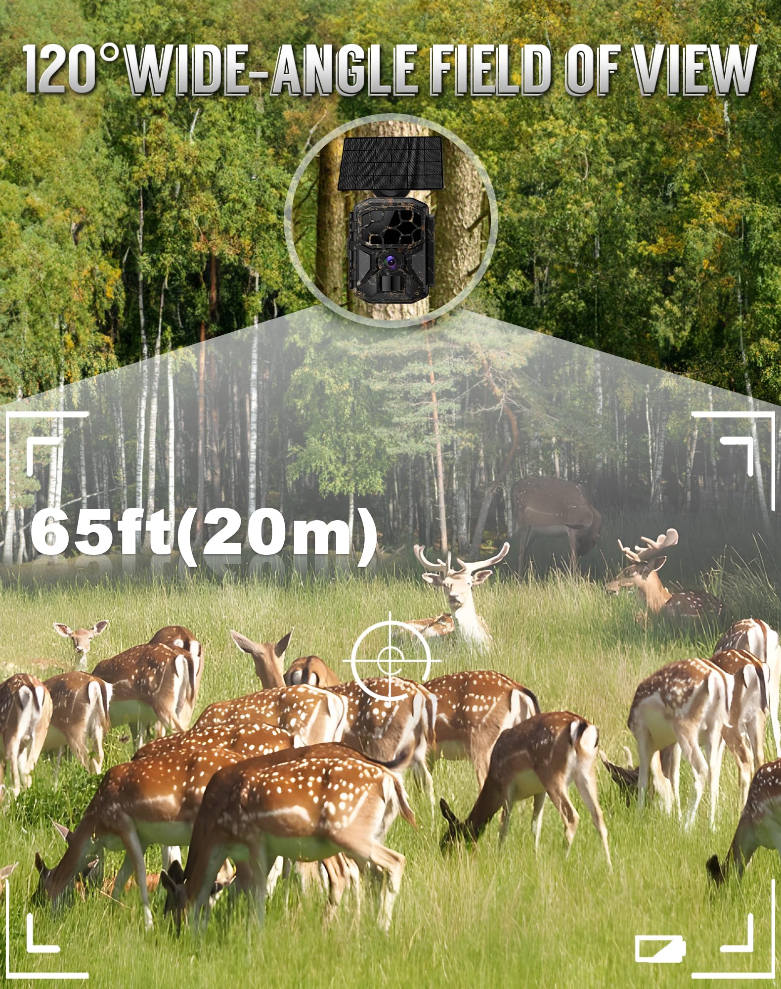 Fototrappola - Solare 8K 60MP WiFi fototrappola, attivazione da movimento in 0,1 secondi, raggio di rilevamento di 20 metri, visione notturna HD senza emissione di luce, impermeabile IP66, scheda di m
