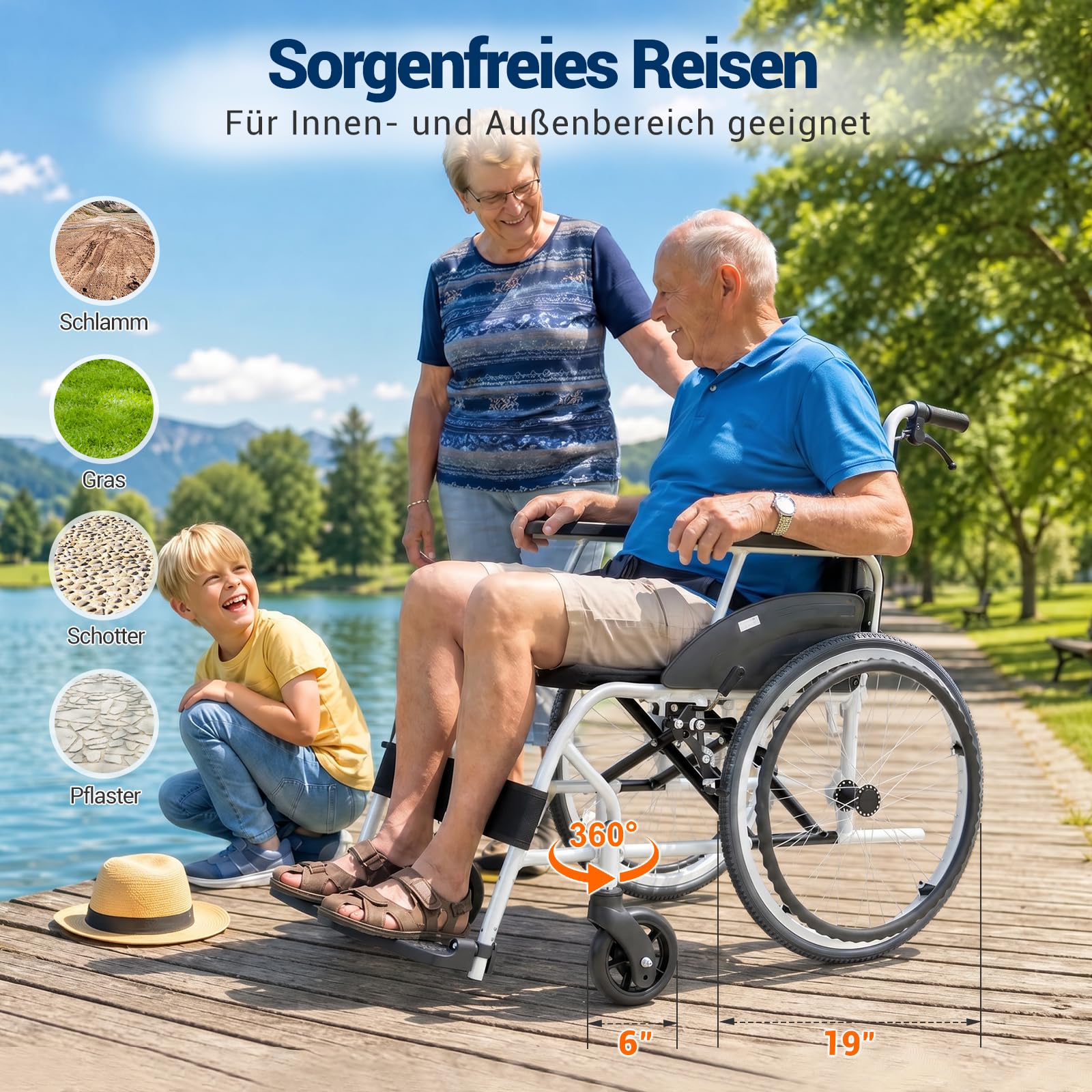 Care-parents Sedia a rotelle pieghevole leggera, 13,3 kg, in alluminio, larghezza della seduta 43 cm, doppio freno, sedia a rotelle pieghevole con autopropulsione, braccioli fissi e poggiapiedi, per