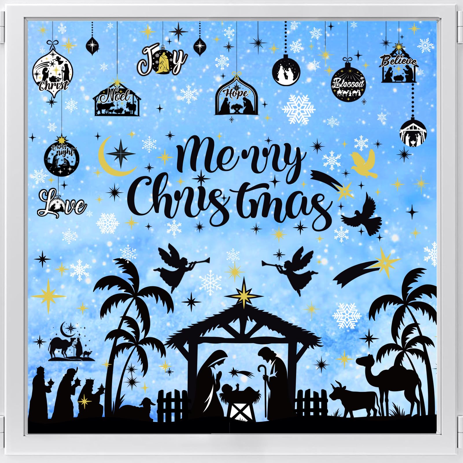 HOWAF 9 Sheets Nativity Scene Window Stickers, Jesus Christmas Clings for Party Decorations, Holy Night Themed Decals for Religious Xmas Holiday Ornaments