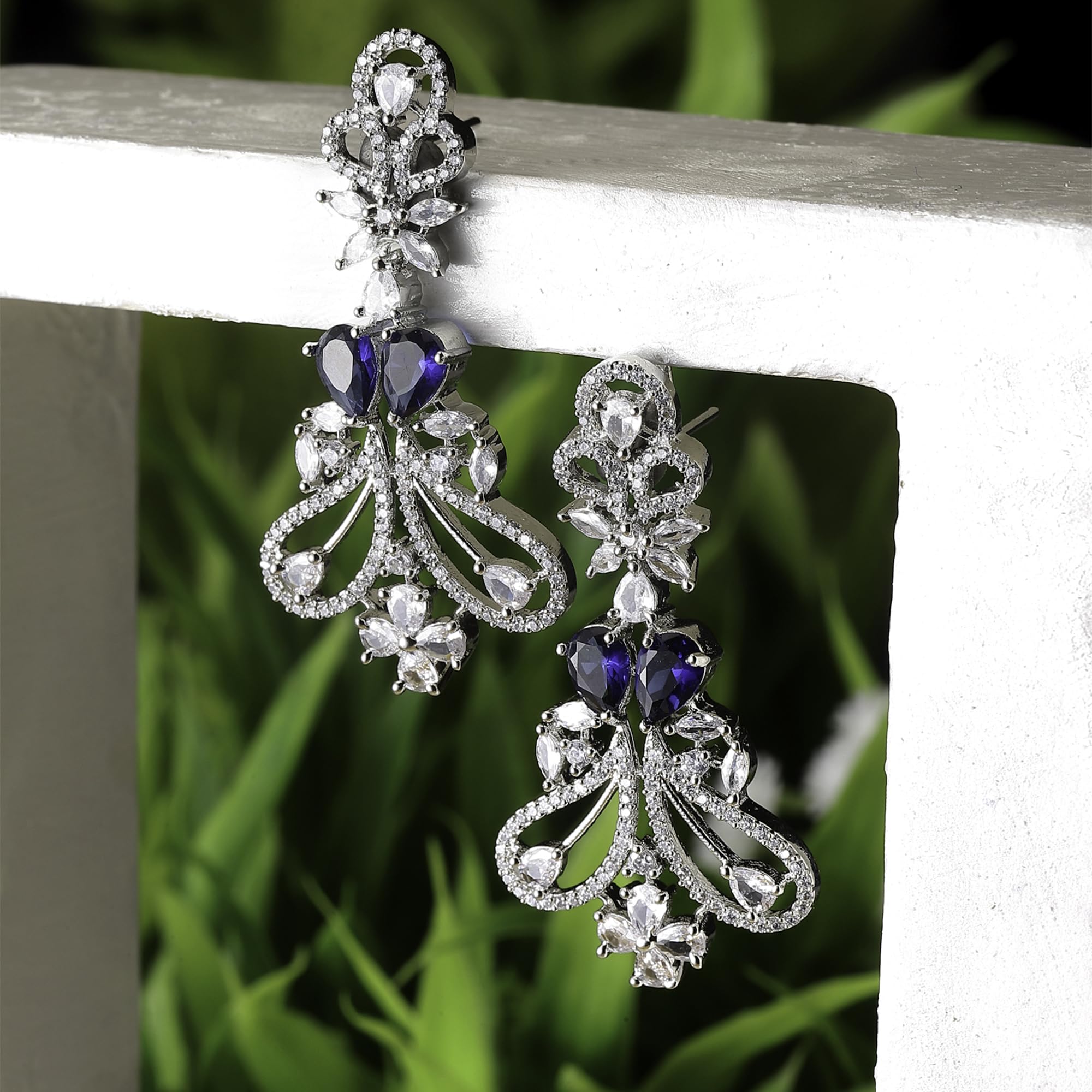 Rhodium-Plated Drop Earrings with American Diamonds