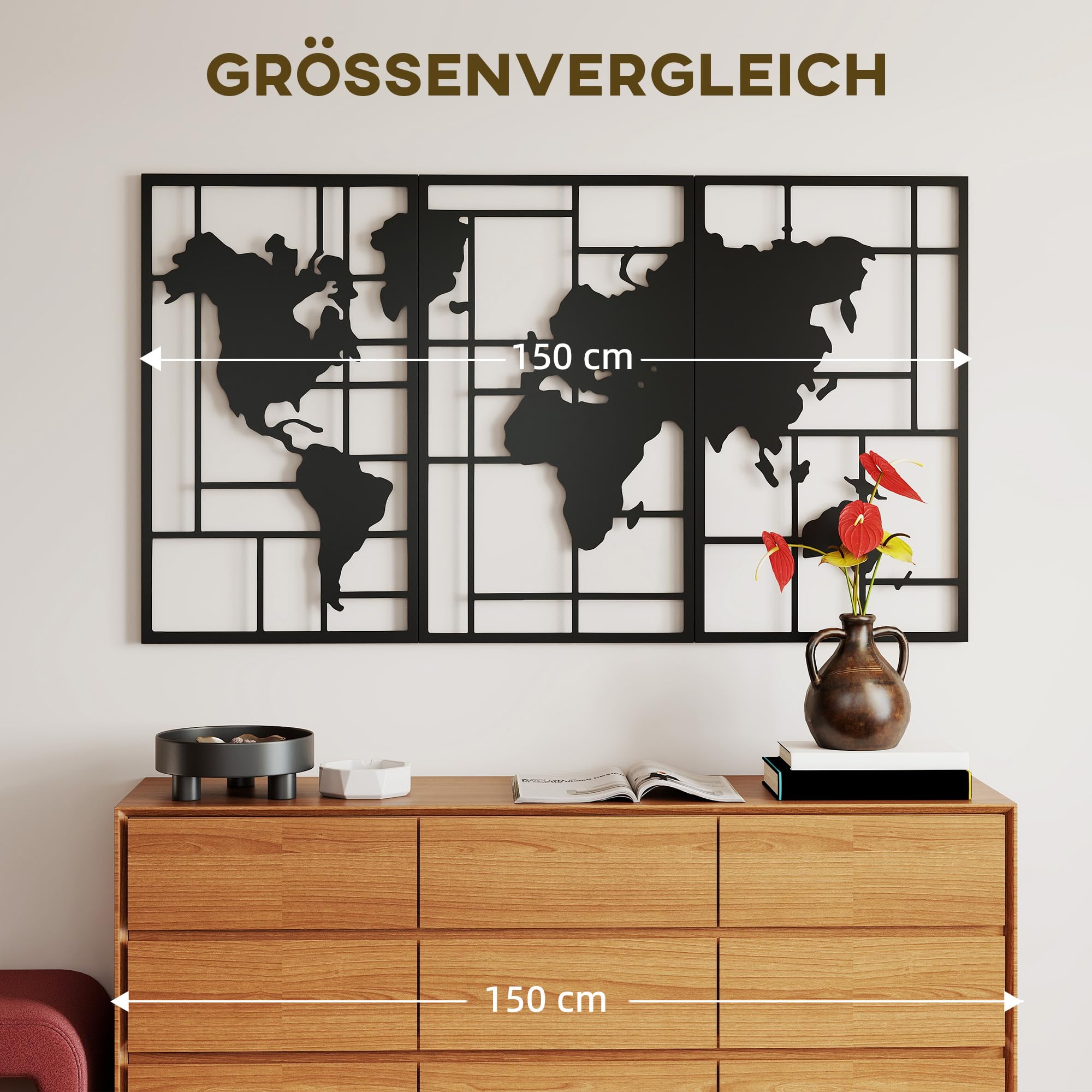 HOMCOM Wanddeko Weltkarte Metall 3er-Set 3D Wanddekoration Wandkunst für Wohnzimmer Schlafzimmer Flur, 50 x 80 cm, Schwarz