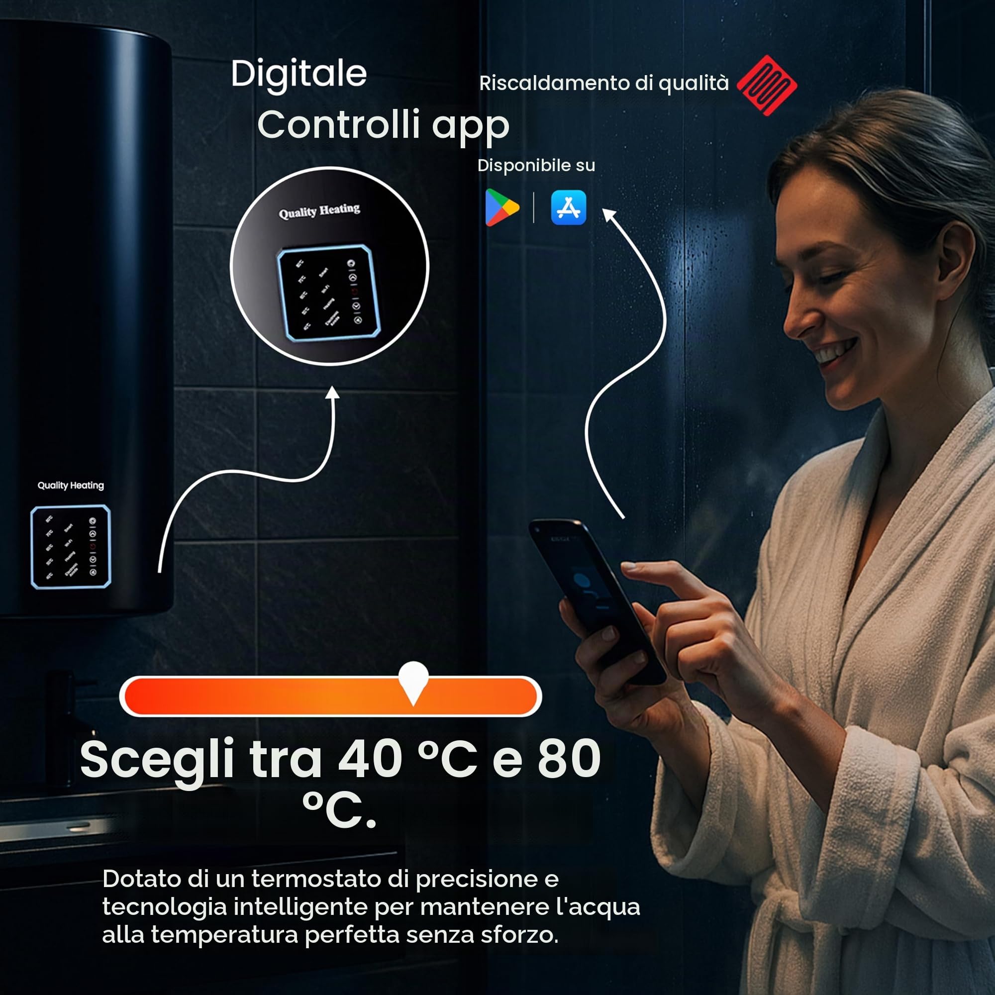Scaldabagno Elettrico 80L WiFi con Controllo Digitale 2000W – Boiler Elettrico Smart con Controllo da App, Serbatoio Acqua Calda 80 Litri per Bagno, Cucina, Casa e Uso Professionale