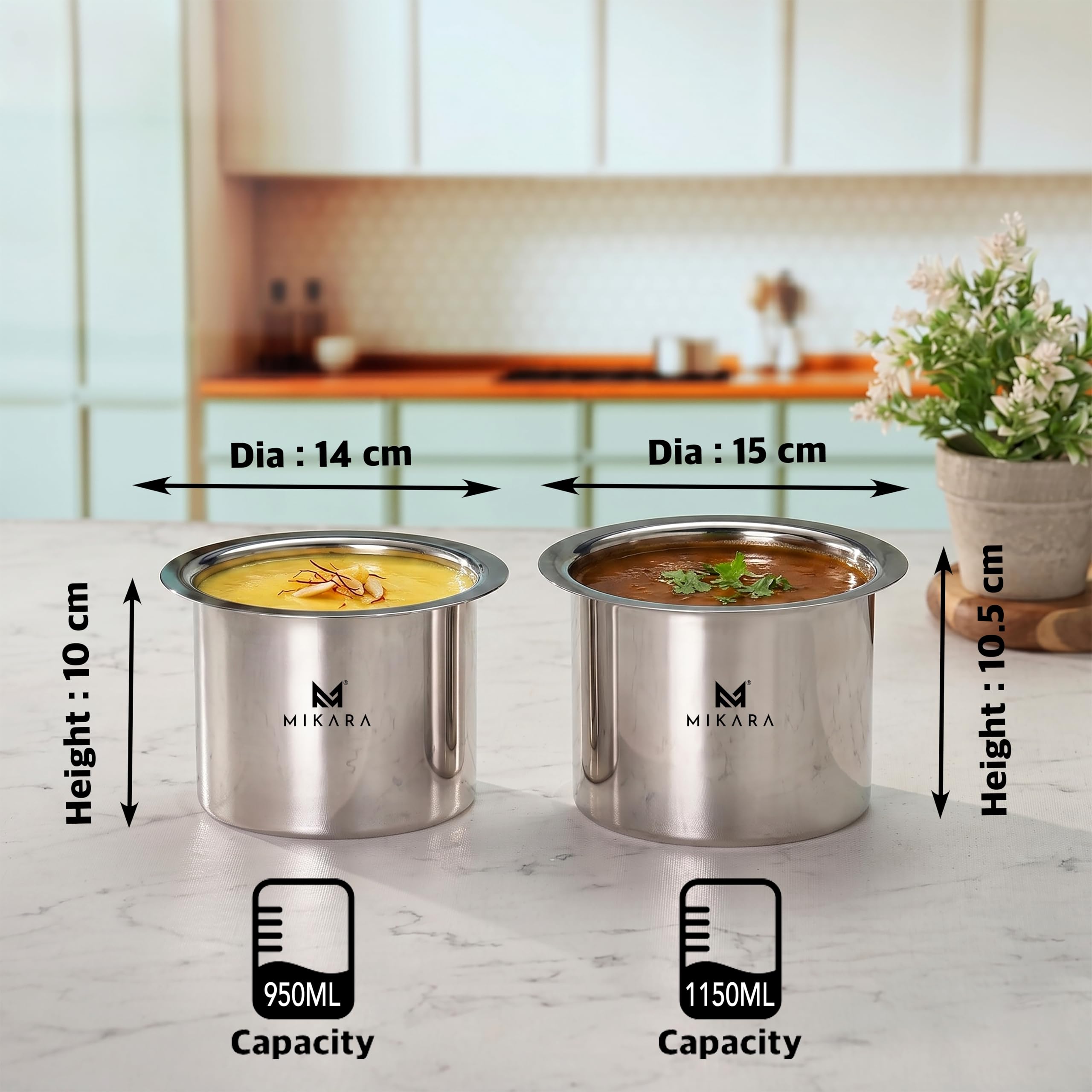 MIKARA Stainless Steel Stackable Tope Set of 2 Without Lid | Space Saving Design | Flat Bottom Heavy Gauge Cookware |Gas & Induction Compatible| Mirror Finish Multipurpose Cookware | (950ml, 1150ml) — Amazon image 5