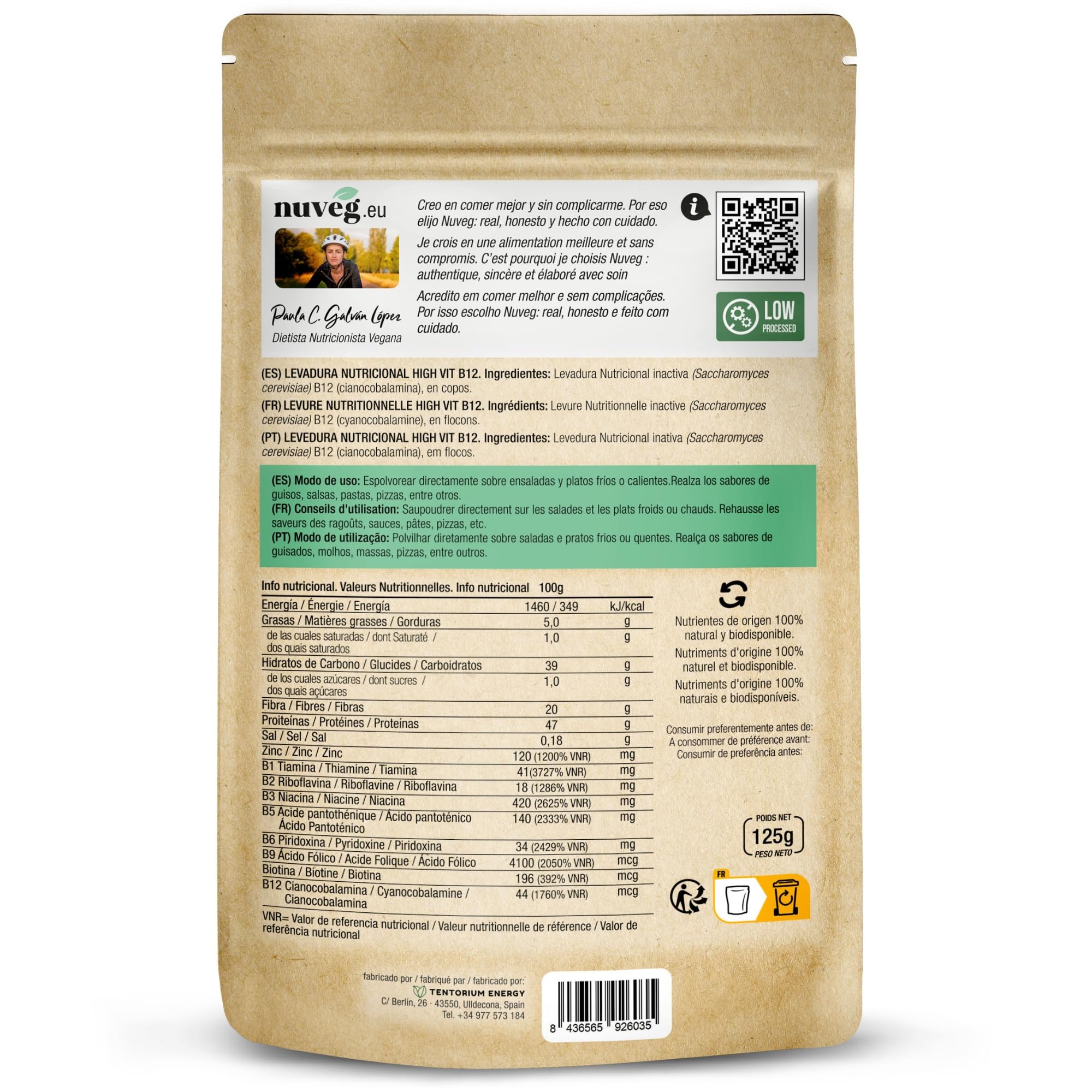 NUVEG Levadura Nutricional B12, Copos 250g Pack 2, Sin Gluten, Alto en Fibra y Proteínas 47%