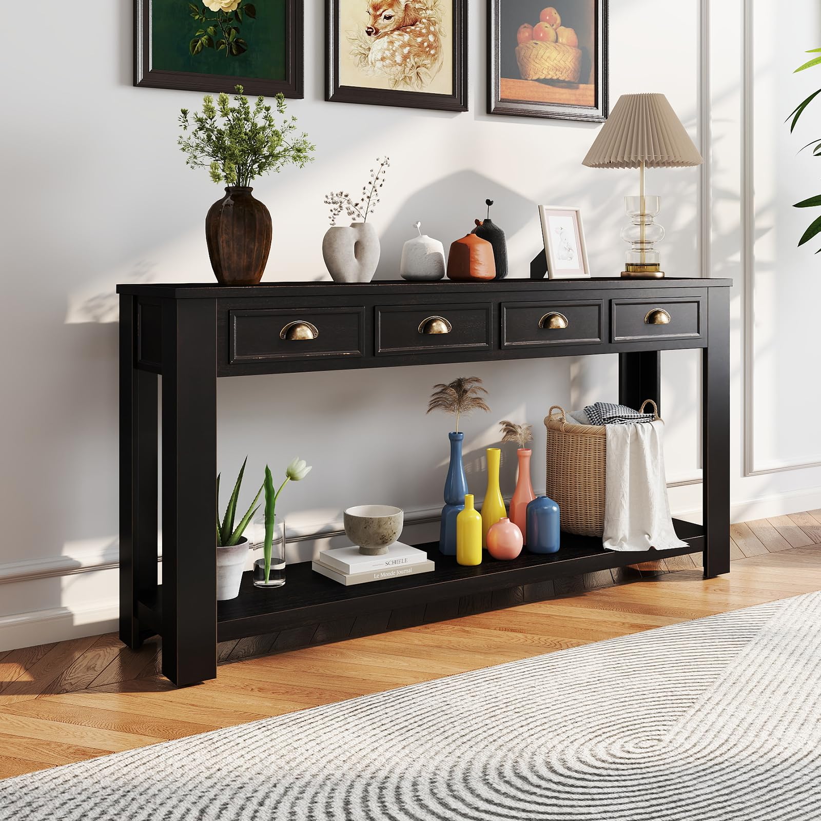 Console Table for Entryway, 60 Inch Sofa Table Narrow Long Hallway Table, ConsoleTable w/4 Drawers and Bottom Shelf for Living Room Entryway Home,Kitchen Counter,Black