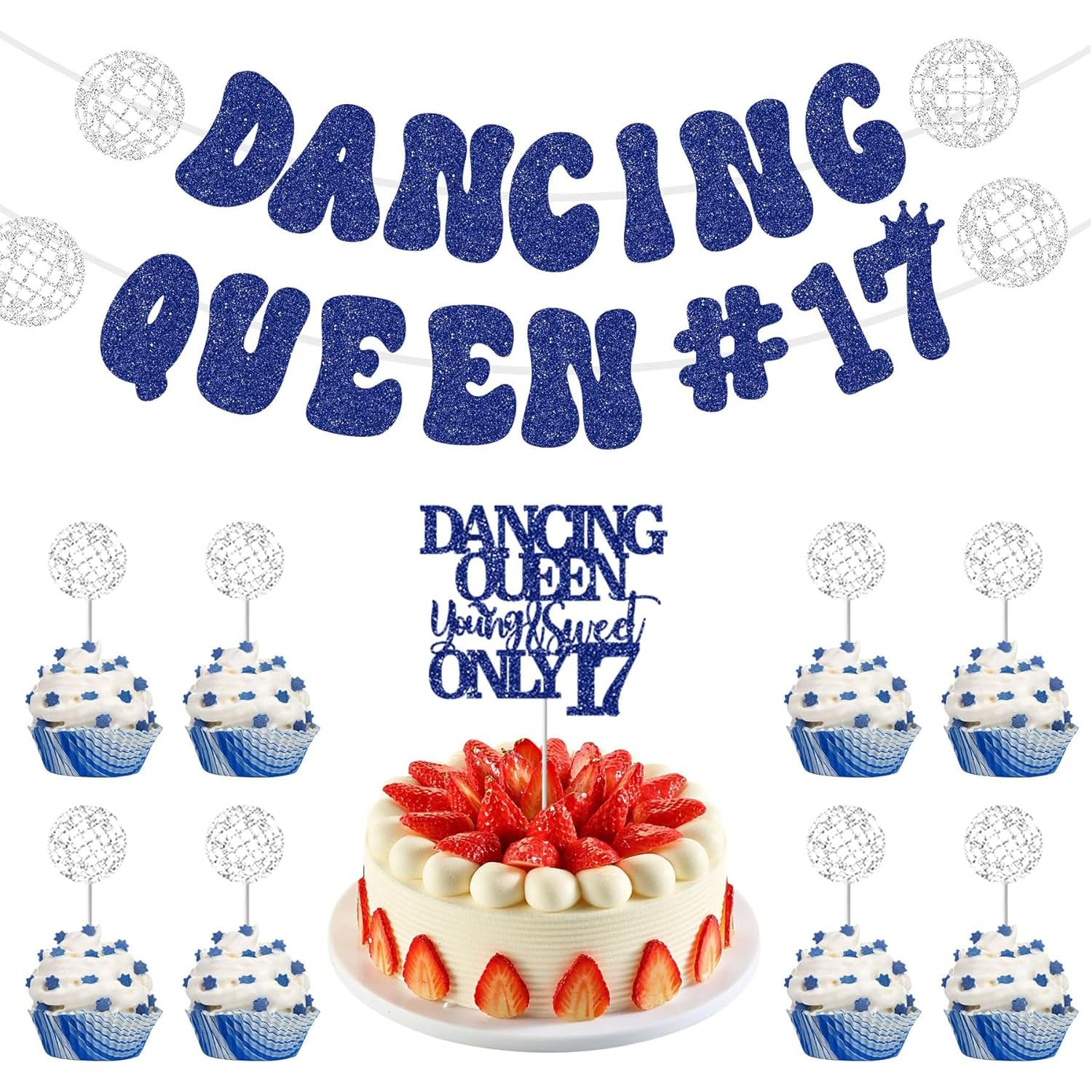 17th Birthday Decorations Girl, Birthday Queen Cake Topper, Happy 17th Birthdays Banner, Dancing Queen 17 Banner & Cake Topper Set, 10PCS Blue Silver Glitter Party Decor, 17 Year Old Party Supplies