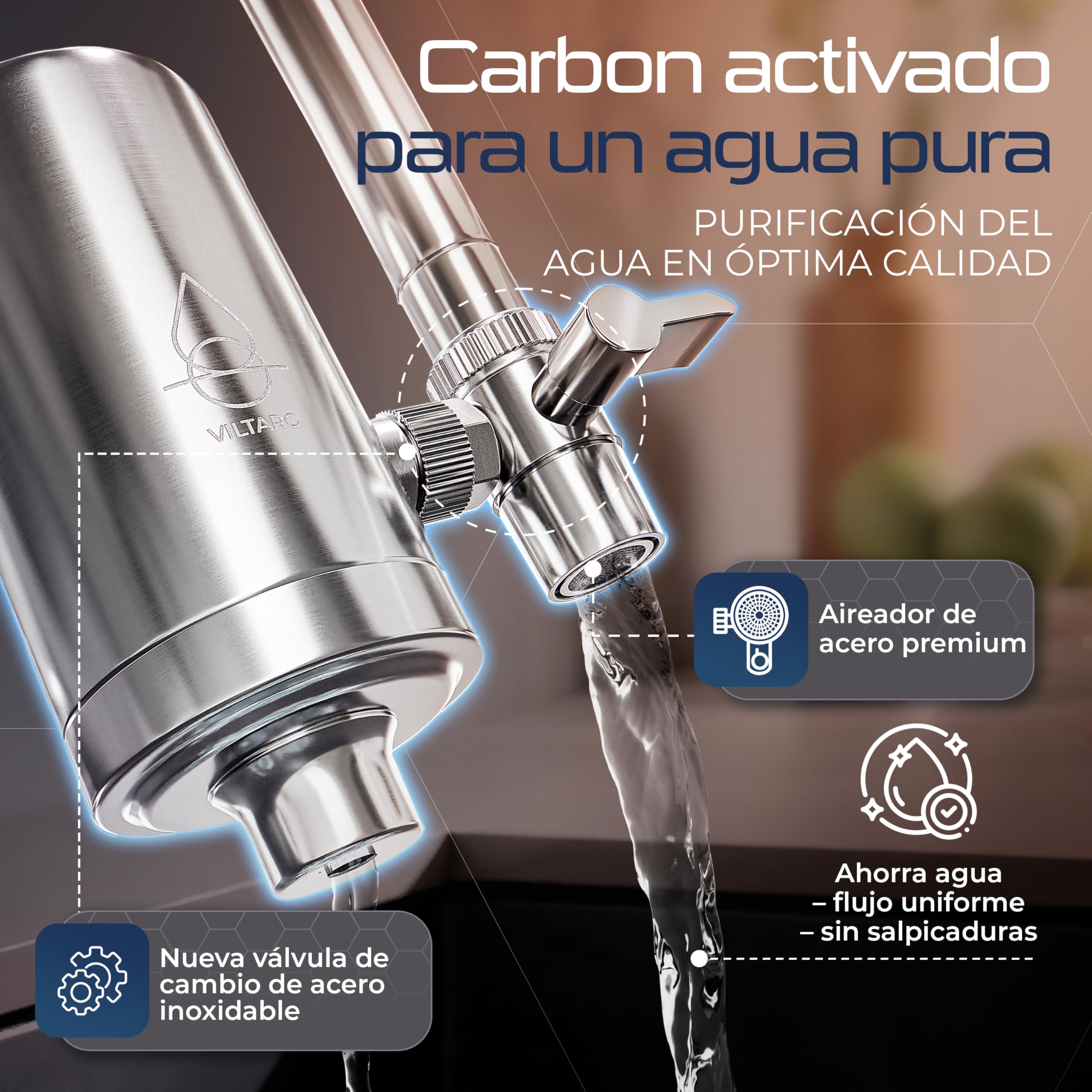 VILTARO® Filtro Agua Grifo – solo 0,02 €/litro de agua potable, sin BPA, acero inoxidable, aireador ahorrador de agua, filtro de carbón activo | Filtro de agua para grifo, filtro grifo cocina