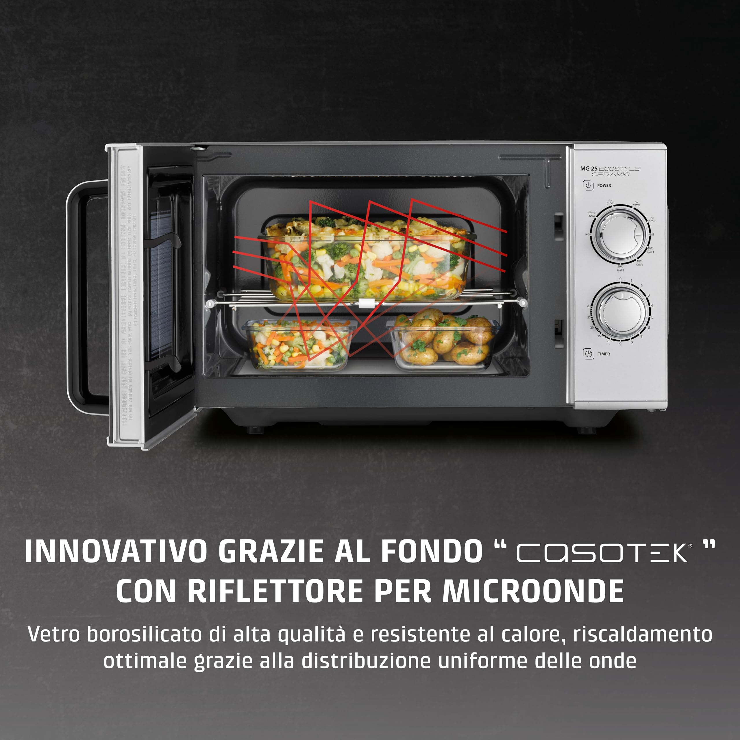CASO MG 25 Ecostyle Ceramic - Forno a Microonde 2 in 1 senza piatto girevole con grill da 1000W - Capacità 25L - Timer fino a 30 minuti - grande - argento
