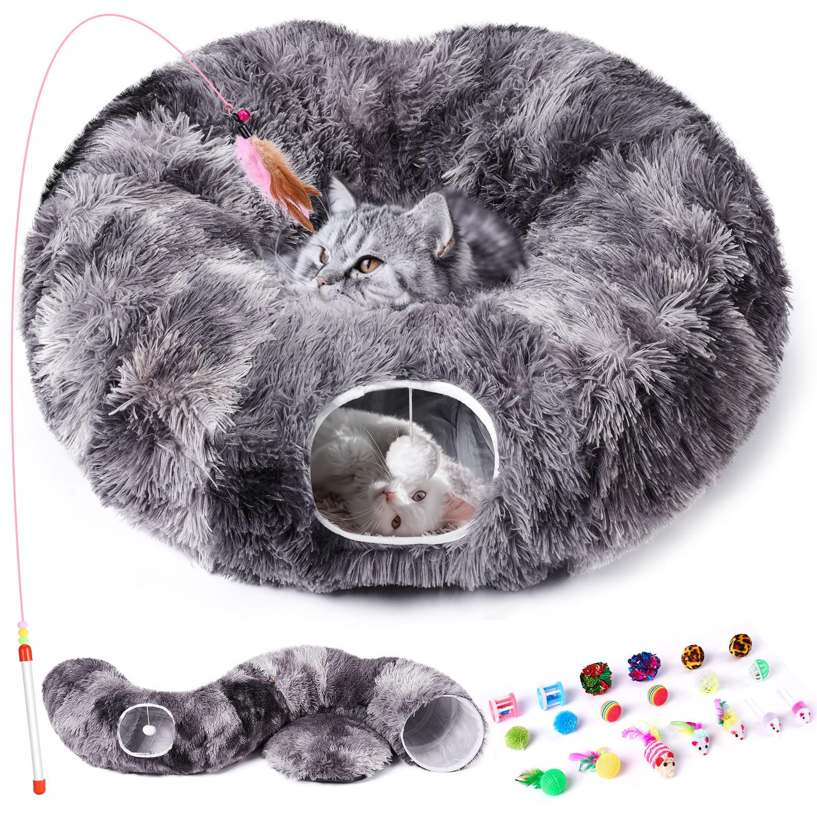 Odoland Cat Tunnels for Indoor Cats with Fluffy Plush Central Cat Couch and 20 Cat Toys, Tunnel Bed for Cats with Hanging Ball, Detachable Soft Mat and Variety Kitty Toy Set, Grey