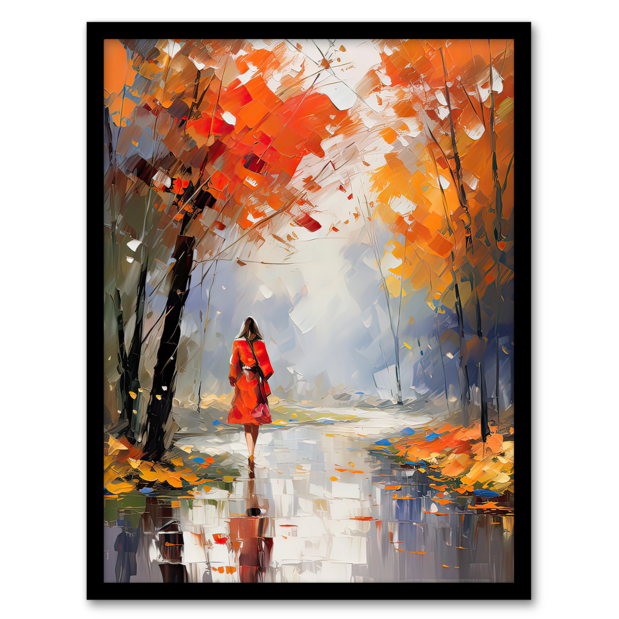 Artery8 Autumn Walk Oil Painting Palette Knife Orange Red Blue Woman Walking Through Park Artwork Framed Wall Art Print A4