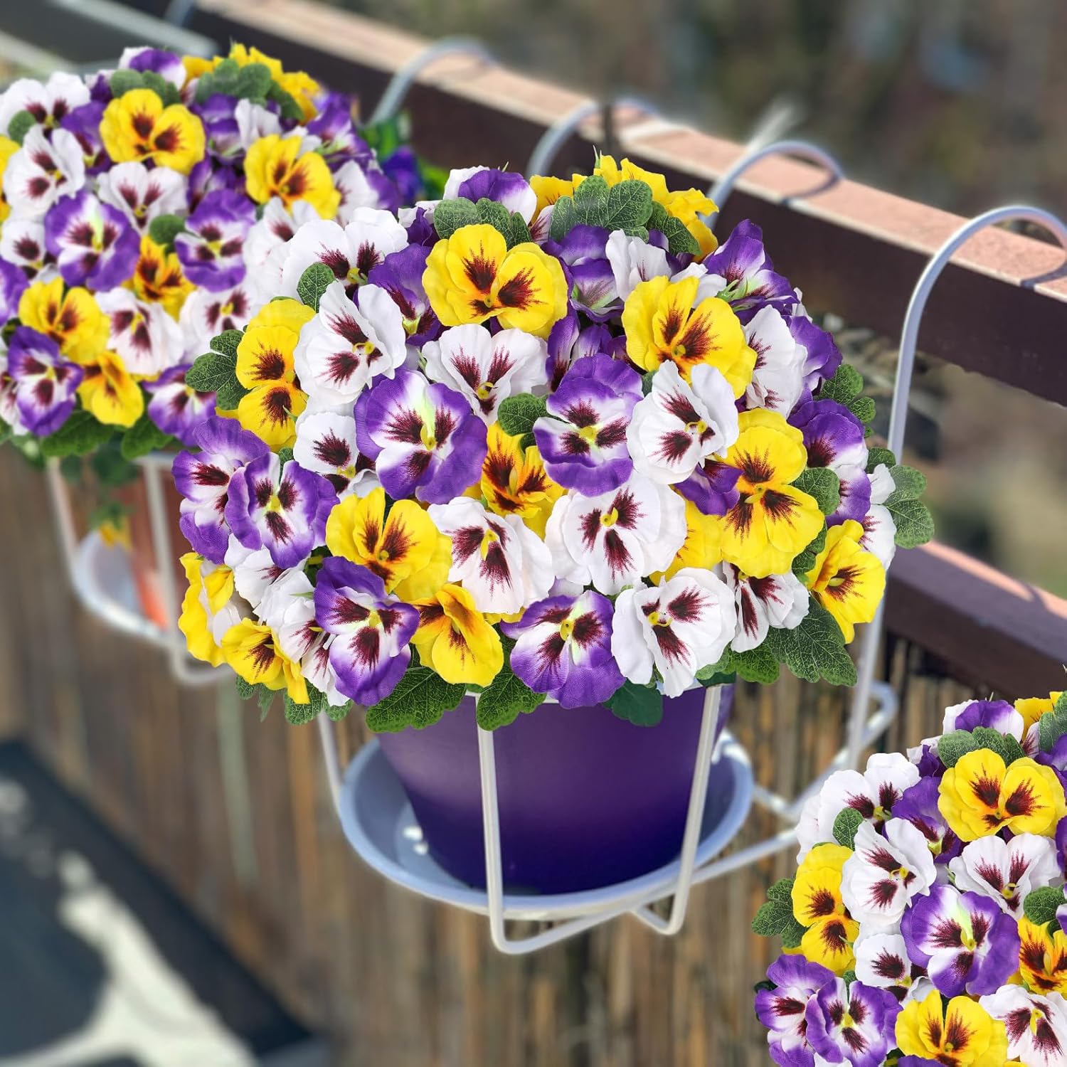 SOMYTING Fake Pansy Artificial Flowers for Outdoor, Artificial Pansies Flowers 12 Bundles Faux Silk Pansies Spring Flowers for Outside Porch Window Box Home Decor (Purple&Yellow&White, 12PCS)