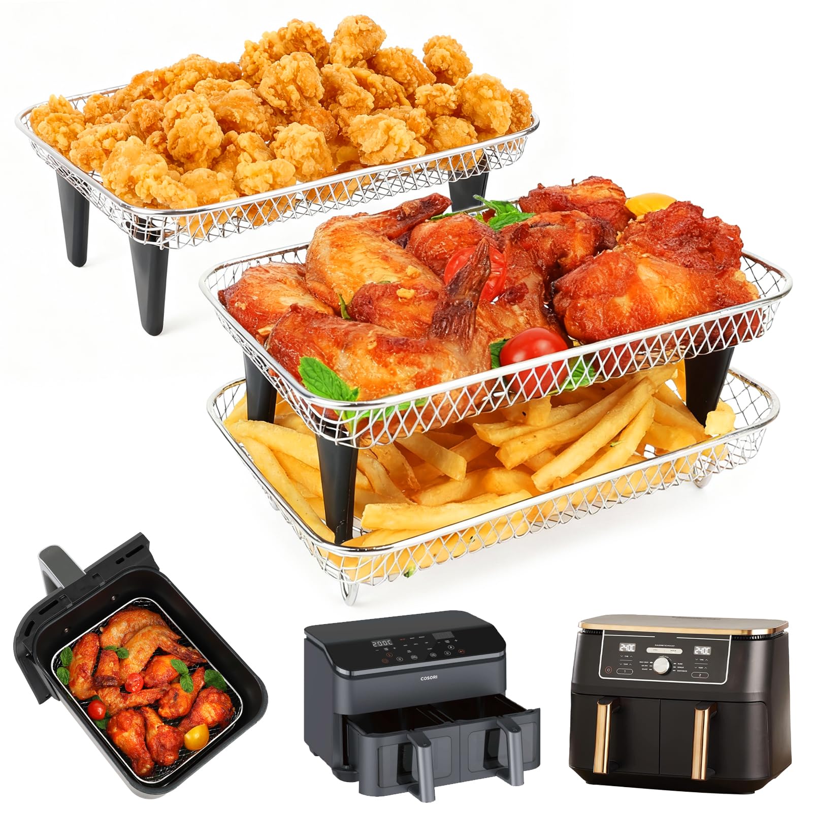 BYKITCHEN Enlarged Air Fryer Accessories for Ninja Foodi Max AF400UK 9.5L & COSORI Dual 8.5L, 3-Tier Stacking Rack with 8 Silicone Feet, Grill Rack for EMtronics/Cuisinart Dual Basket Air Fryers