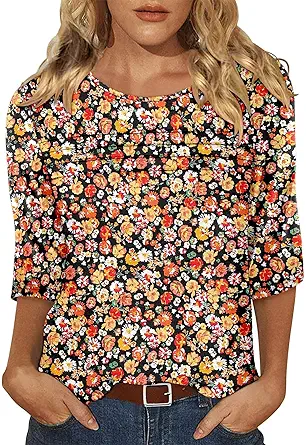 KISSMODA Women's Casual 3/4 Sleeve T-Shirts Round Neck Cute Tunic Tops Basic/Pleated Summer Tops Trendy Spring Blouses