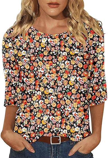 KISSMODA Women's Casual 3/4 Sleeve T-Shirts Round Neck Cute Tunic Tops Basic/Pleated Summer Tops Trendy Spring Blouses