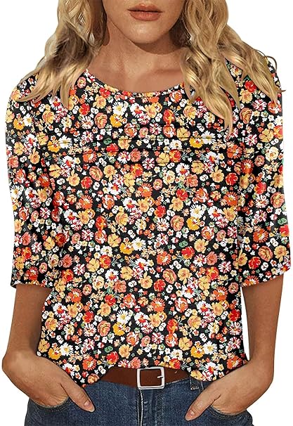 KISSMODA Women's Casual 3/4 Sleeve T-Shirts Round Neck Cute Tunic Tops Basic/Pleated Summer Tops Trendy Spring Blouses