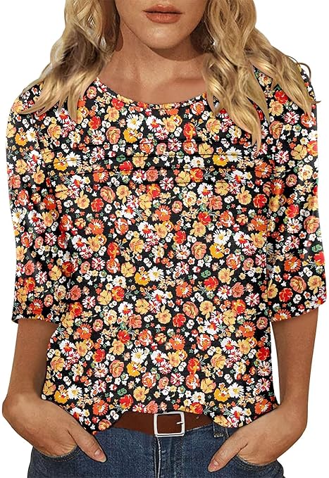 KISSMODA Women's Casual 3/4 Sleeve T-Shirts Round Neck Cute Tunic Tops Basic/Pleated Summer Tops Trendy Spring Blouses