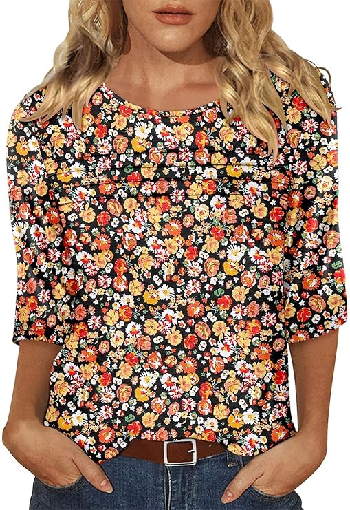 KISSMODA Women's Casual 3/4 Sleeve T-Shirts Round Neck Cute Tunic Tops Basic/Pleated Summer Tops Trendy Spring Blouses
