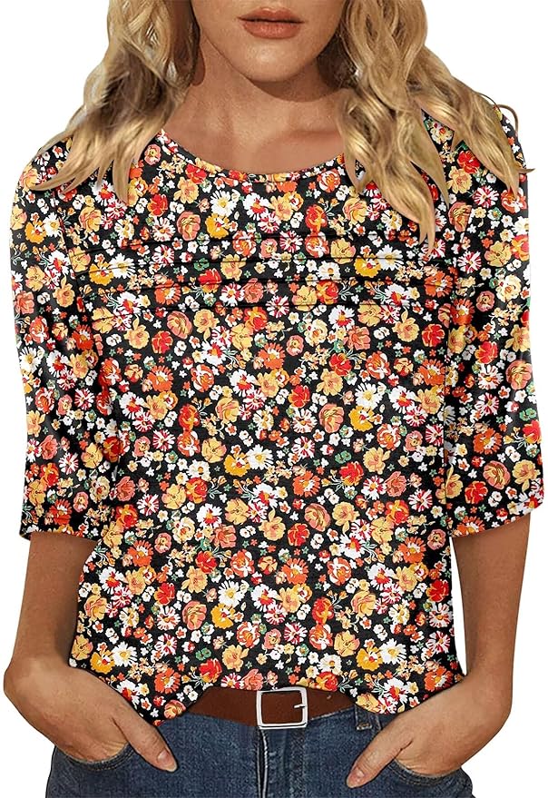 KISSMODA Women's Casual 3/4 Sleeve T-Shirts Round Neck Cute Tunic Tops Basic/Pleated Summer Tops Trendy Spring Blouses