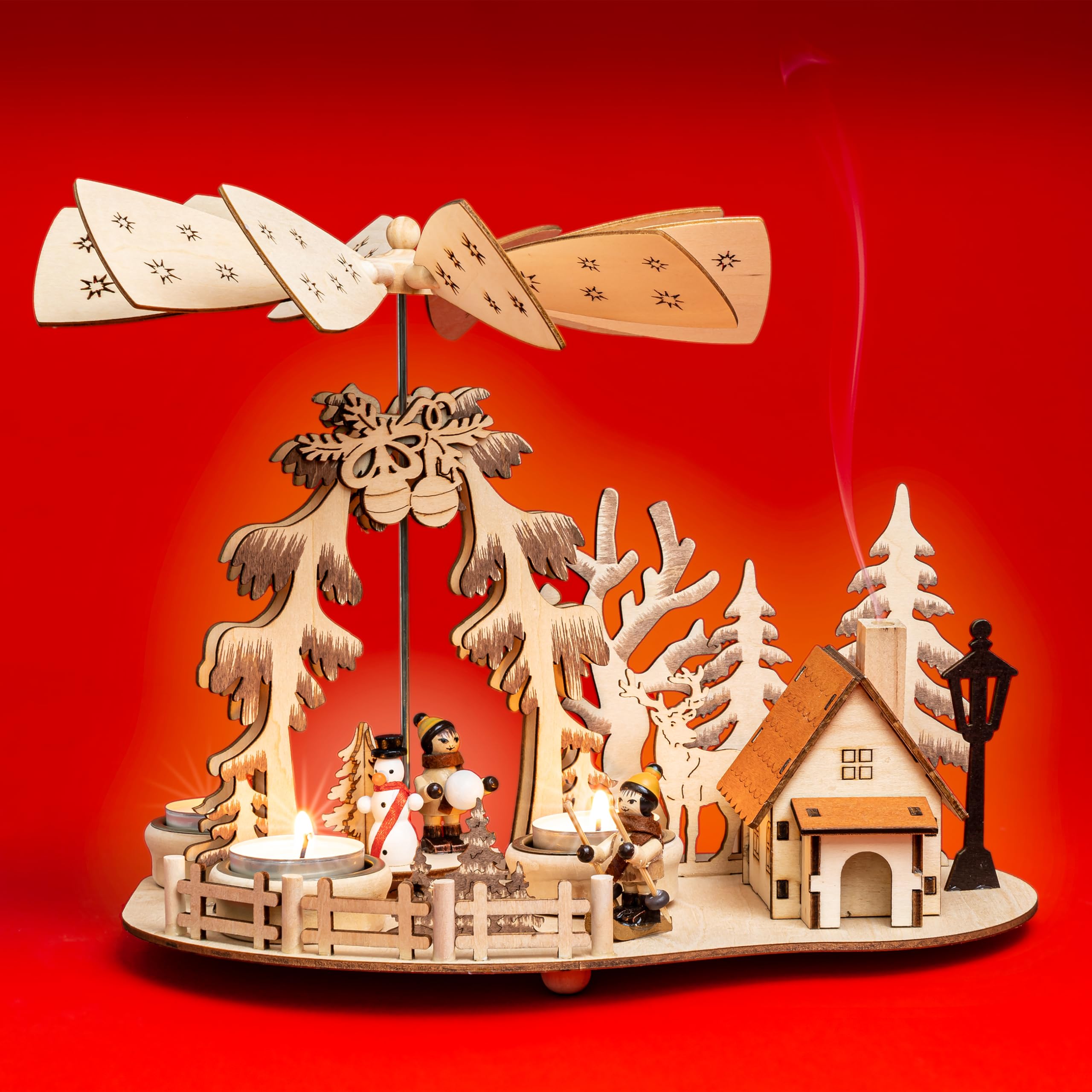 SIKORA P35e 2-in-1 Holz Teelicht Weihnachtspyramide Deko Pyramide Räucherfigur Wald mit rauchender Hütte